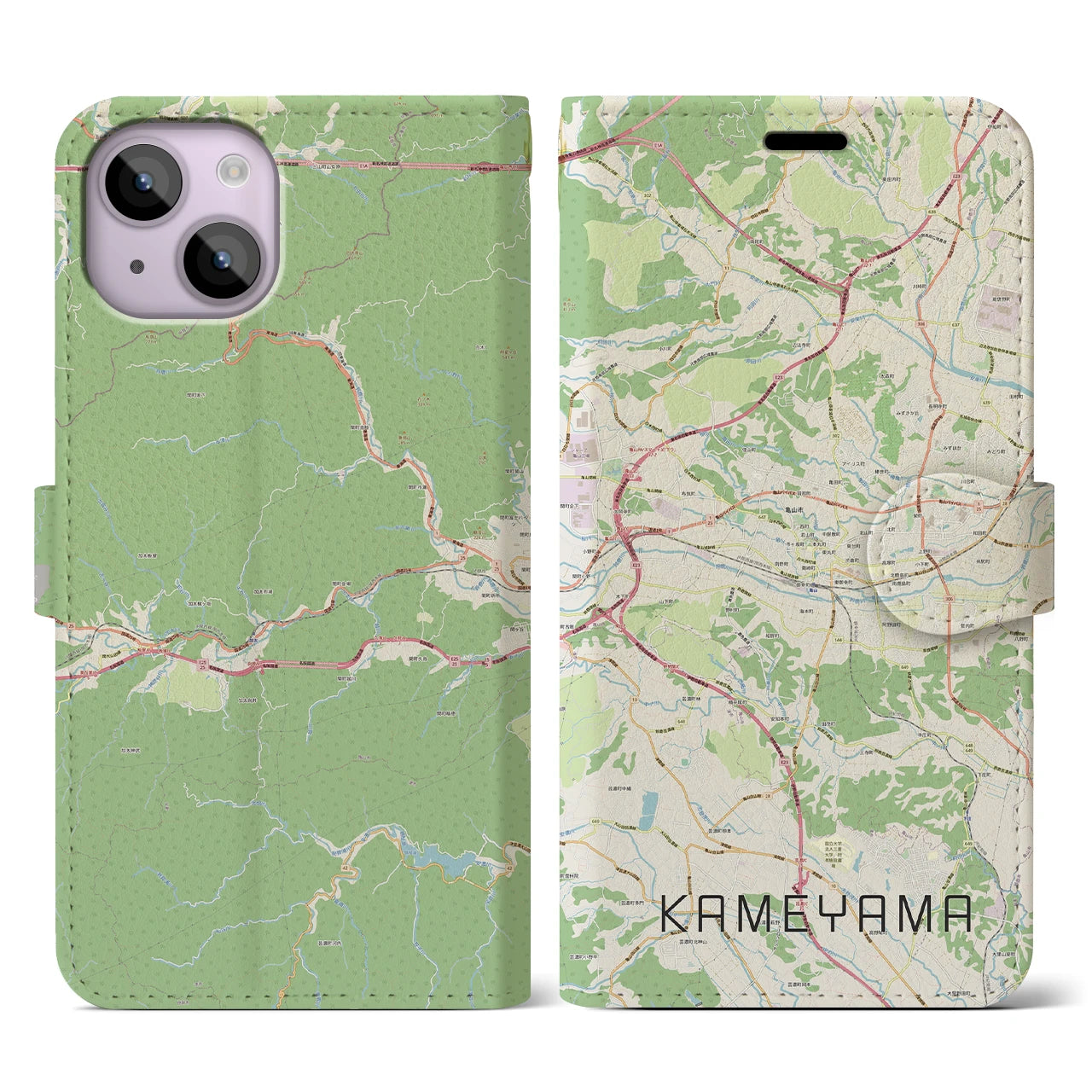 【亀山】地図柄iPhoneケース（手帳両面タイプ・ナチュラル）iPhone 14 用