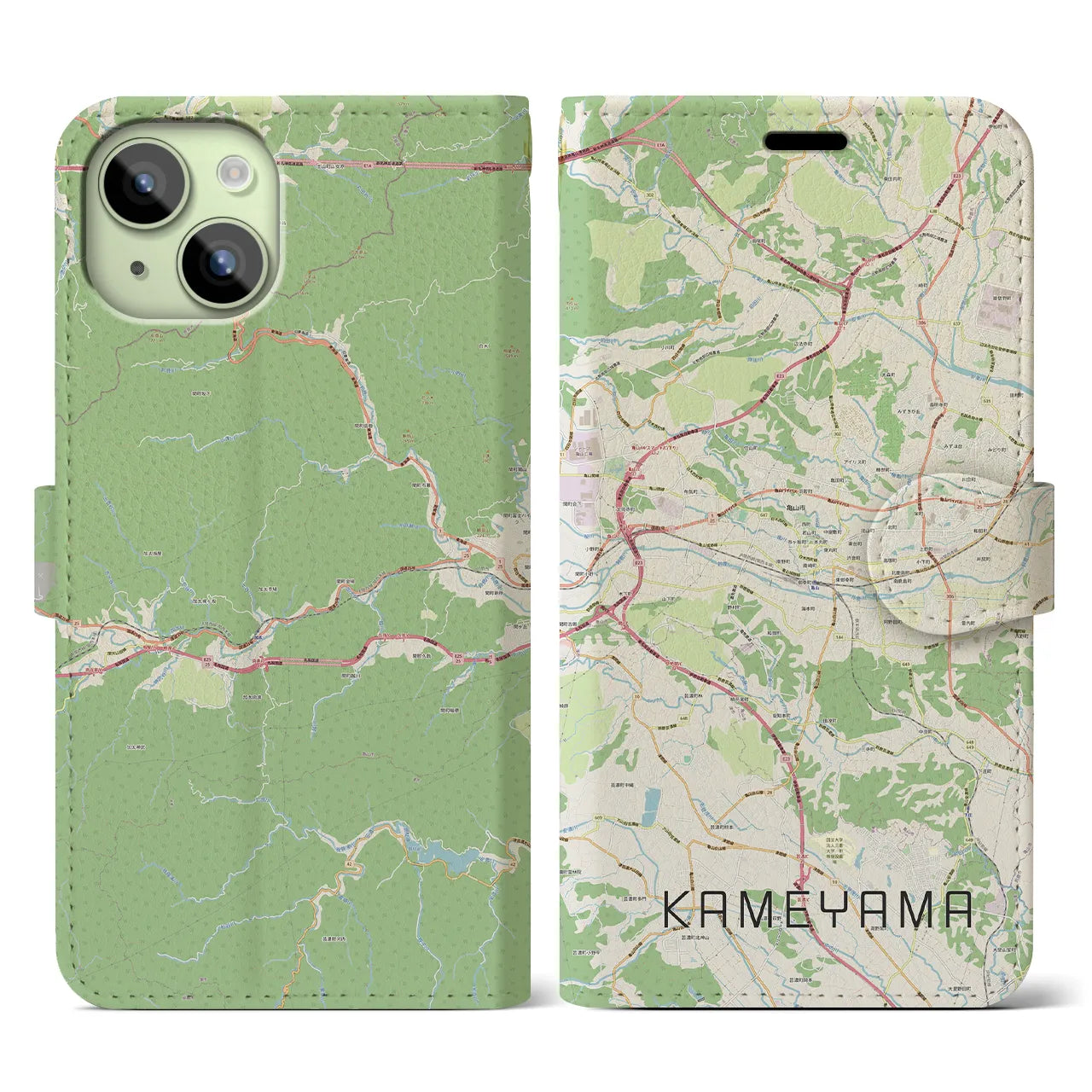 【亀山】地図柄iPhoneケース（手帳両面タイプ・ナチュラル）iPhone 15 用