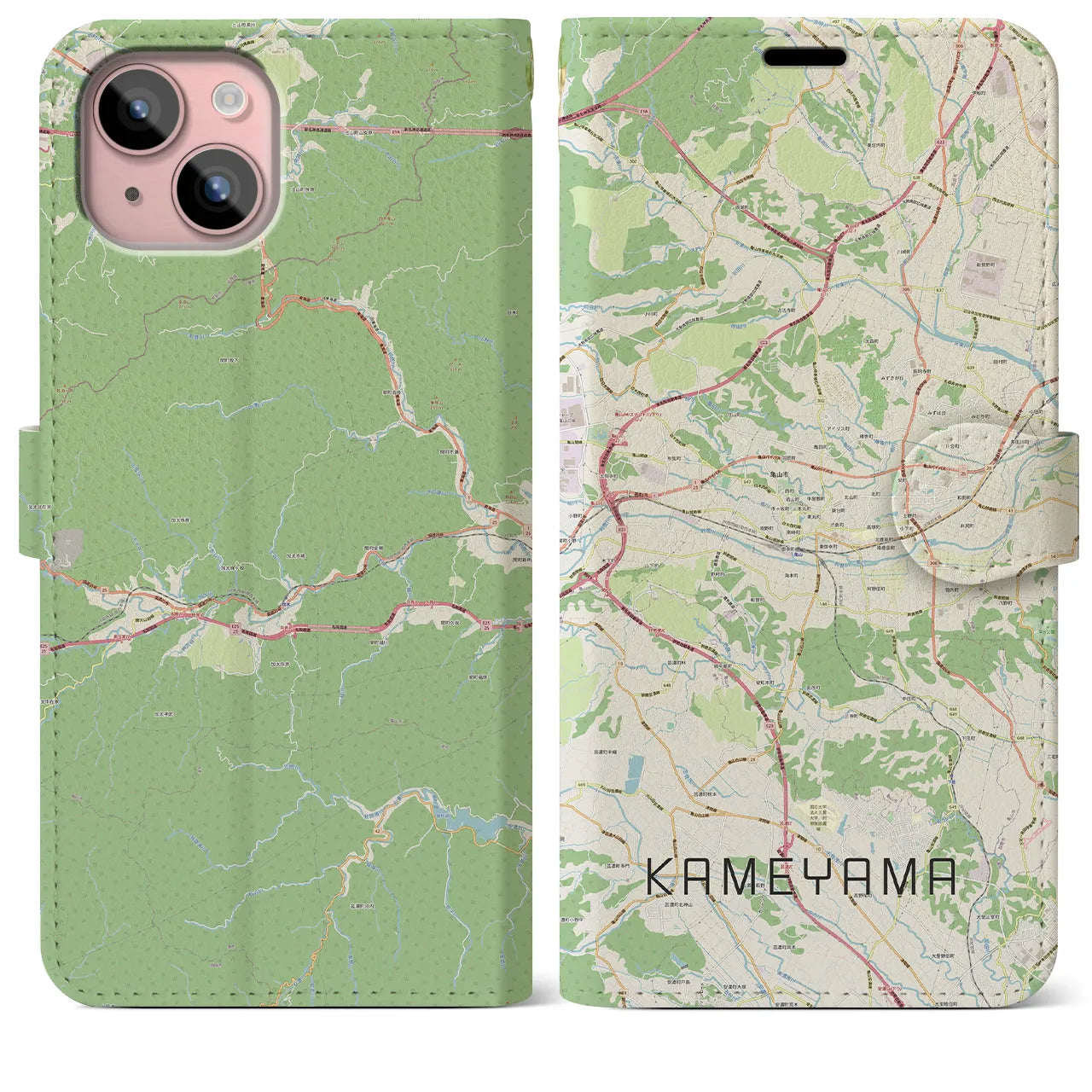 【亀山】地図柄iPhoneケース（手帳両面タイプ・ナチュラル）iPhone 15 Plus 用