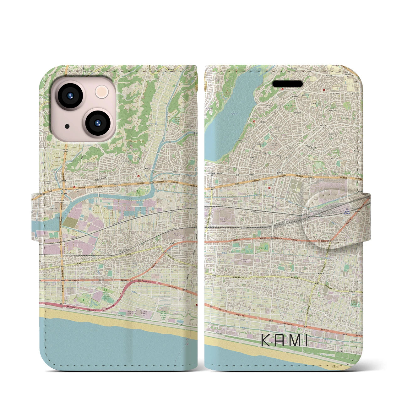 【可美】地図柄iPhoneケース（手帳両面タイプ・ナチュラル）iPhone 13 mini 用