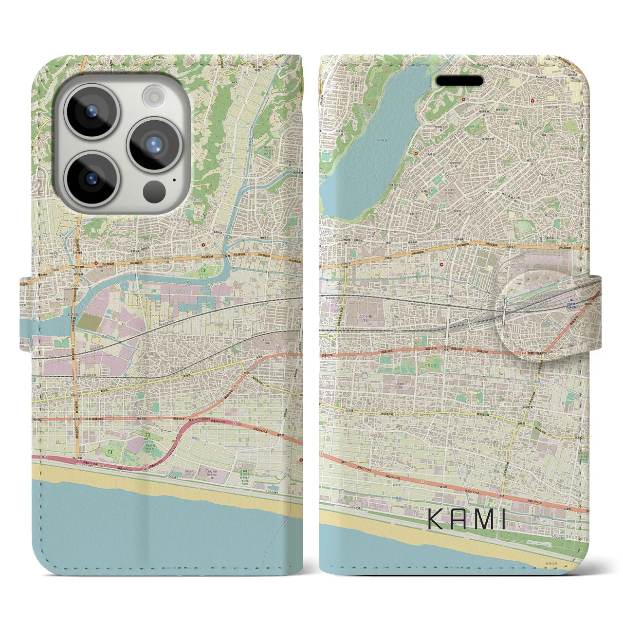 【可美】地図柄iPhoneケース（手帳両面タイプ・ナチュラル）iPhone 15 Pro 用