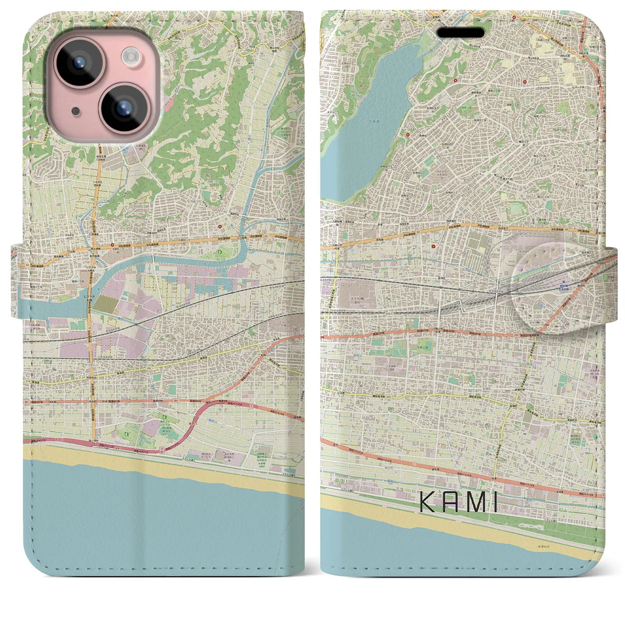 【可美】地図柄iPhoneケース（手帳両面タイプ・ナチュラル）iPhone 15 Plus 用