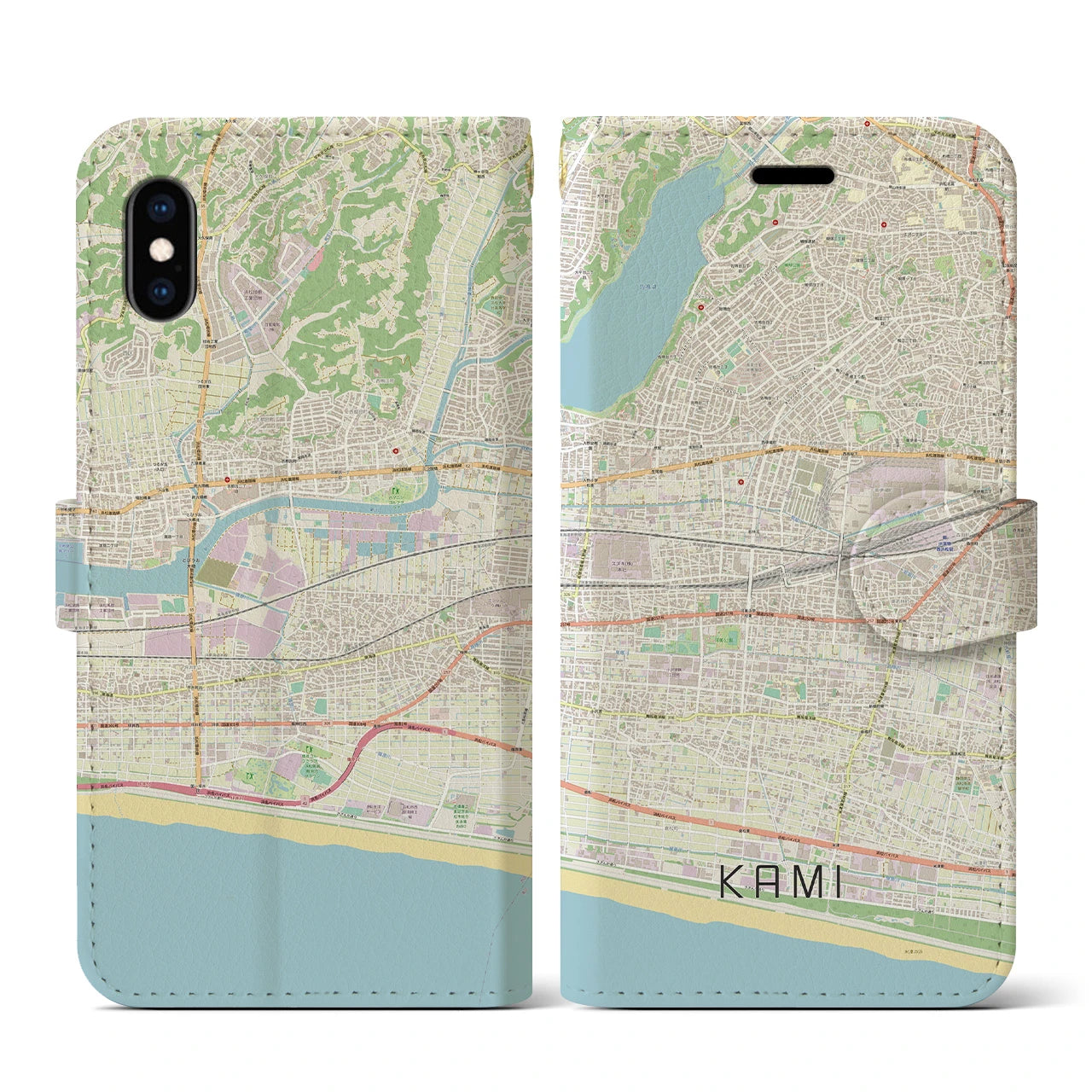 【可美】地図柄iPhoneケース（手帳両面タイプ・ナチュラル）iPhone XS / X 用