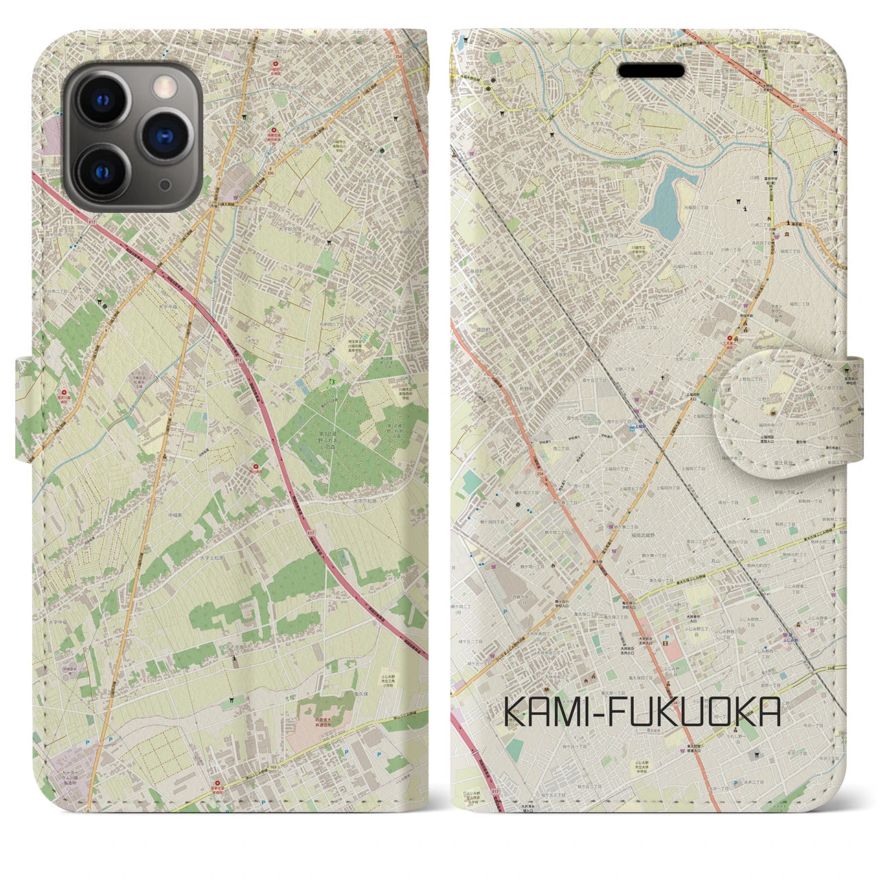 【上福岡】地図柄iPhoneケース（手帳両面タイプ・ナチュラル）iPhone 11 Pro Max 用
