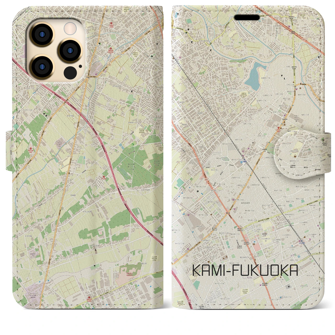 【上福岡】地図柄iPhoneケース（手帳両面タイプ・ナチュラル）iPhone 12 Pro Max 用
