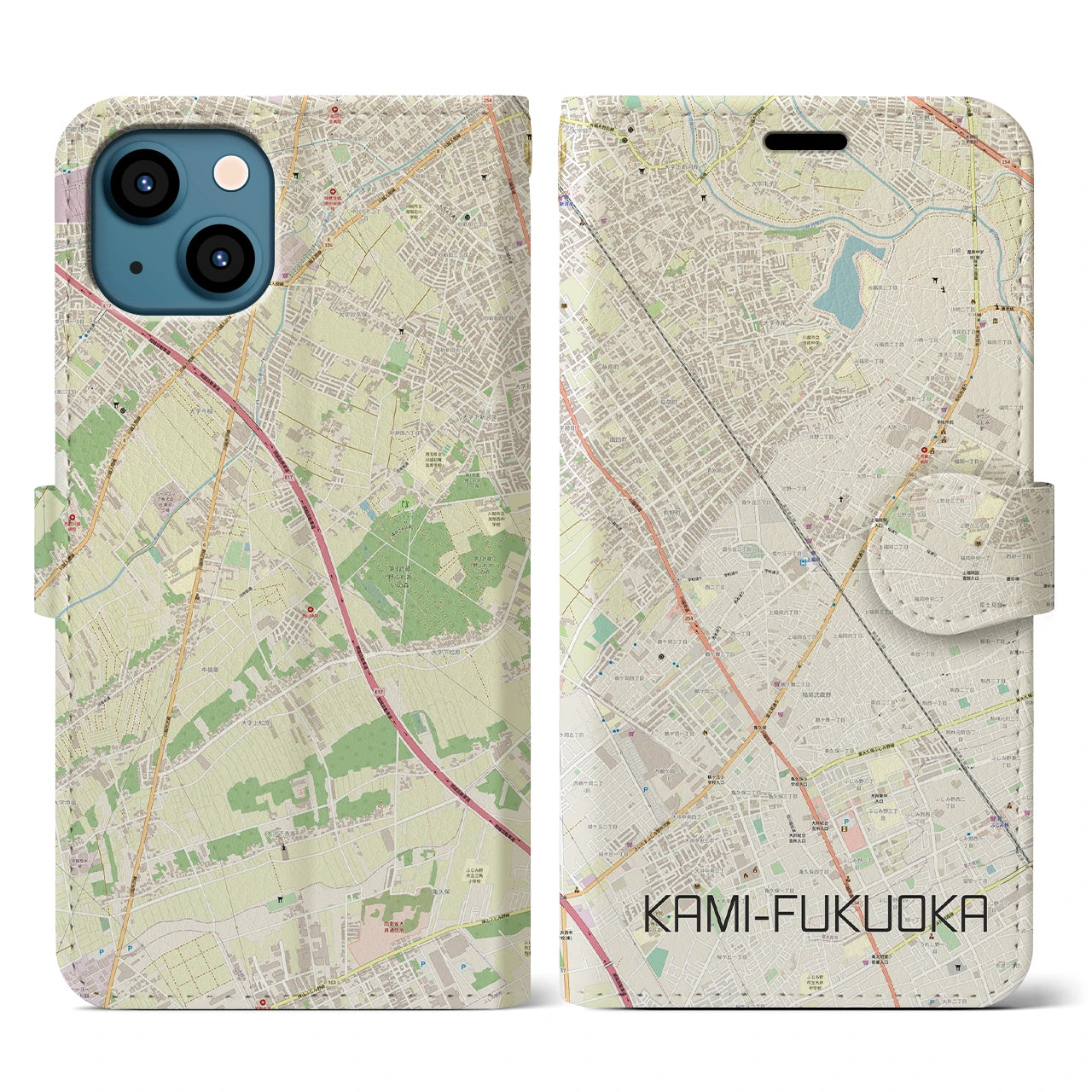 【上福岡】地図柄iPhoneケース（手帳両面タイプ・ナチュラル）iPhone 13 用