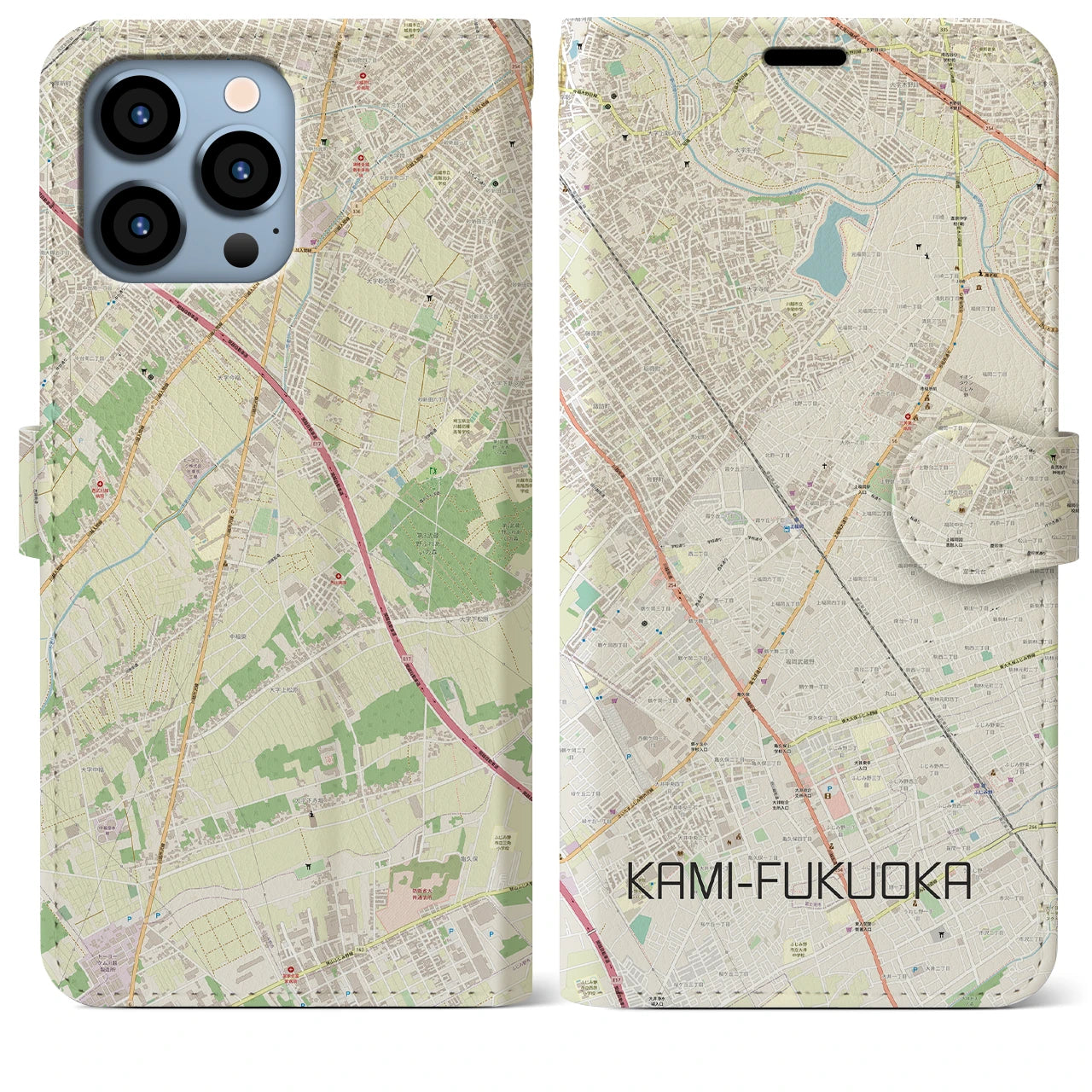 【上福岡】地図柄iPhoneケース（手帳両面タイプ・ナチュラル）iPhone 13 Pro Max 用
