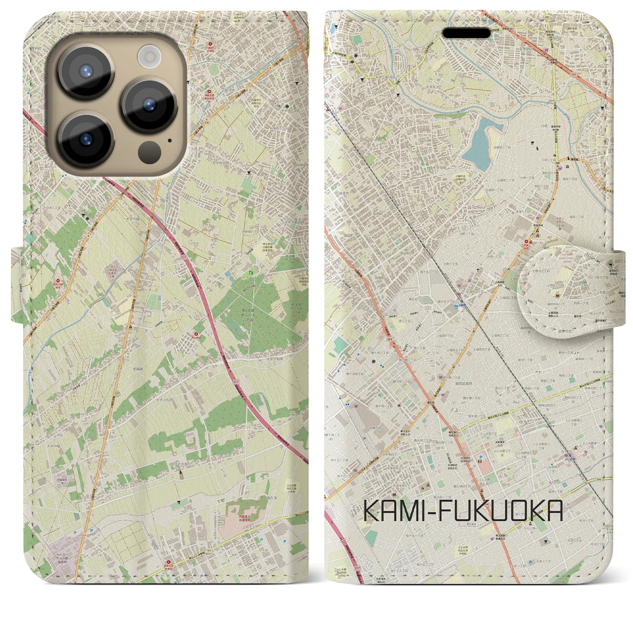 【上福岡】地図柄iPhoneケース（手帳両面タイプ・ナチュラル）iPhone 14 Pro Max 用