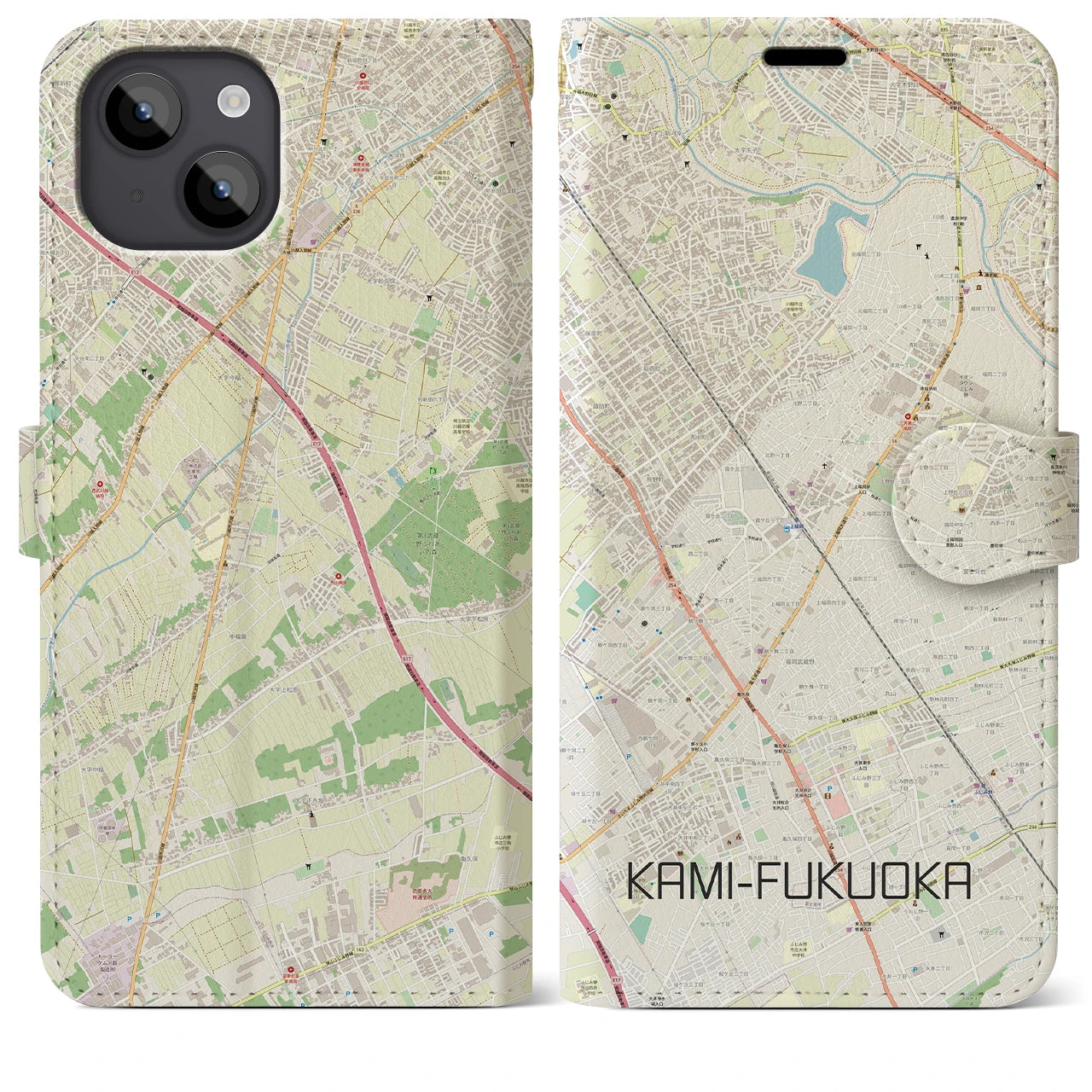 【上福岡】地図柄iPhoneケース（手帳両面タイプ・ナチュラル）iPhone 14 Plus 用