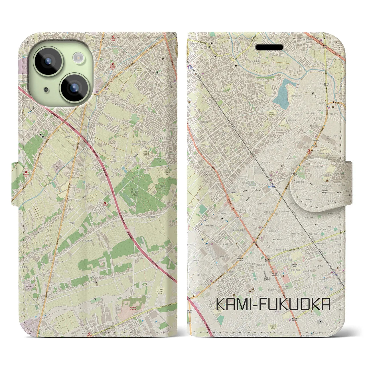 【上福岡】地図柄iPhoneケース（手帳両面タイプ・ナチュラル）iPhone 15 用