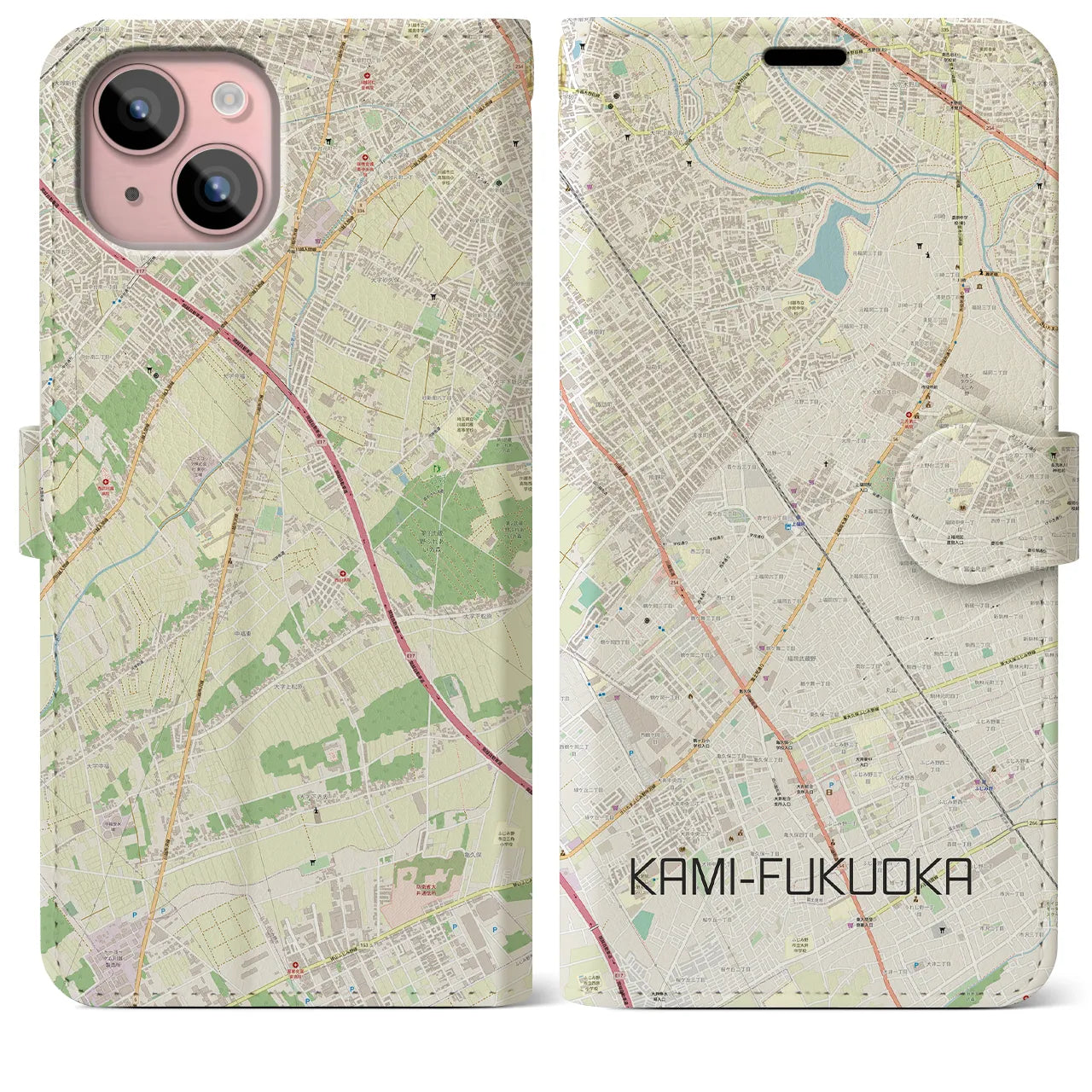 【上福岡】地図柄iPhoneケース（手帳両面タイプ・ナチュラル）iPhone 15 Plus 用