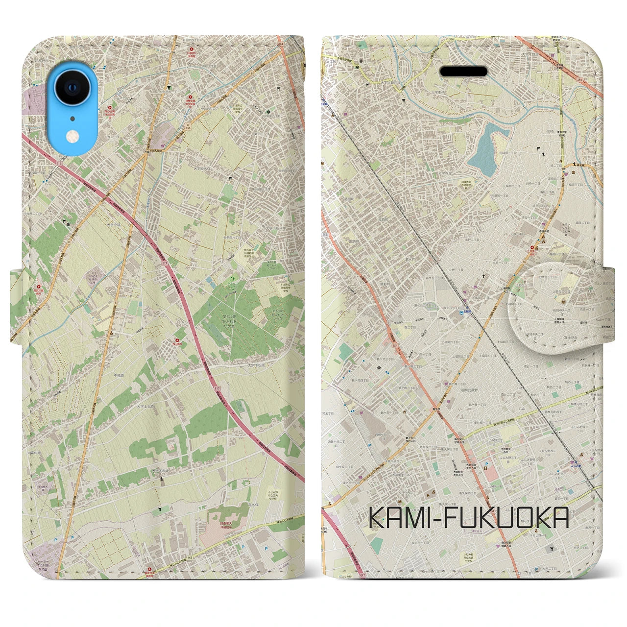 【上福岡】地図柄iPhoneケース（手帳両面タイプ・ナチュラル）iPhone XR 用