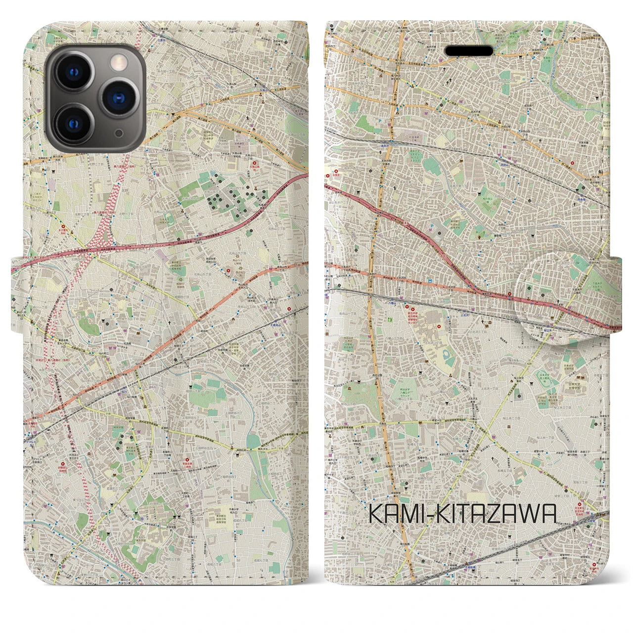 【上北沢】地図柄iPhoneケース（手帳両面タイプ・ナチュラル）iPhone 11 Pro Max 用