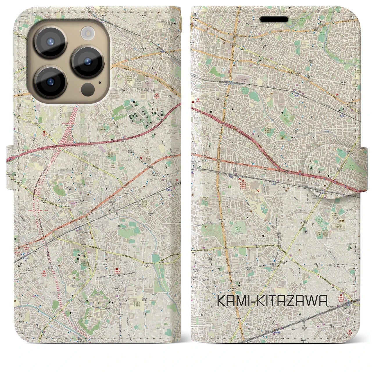 【上北沢】地図柄iPhoneケース（手帳両面タイプ・ナチュラル）iPhone 14 Pro Max 用
