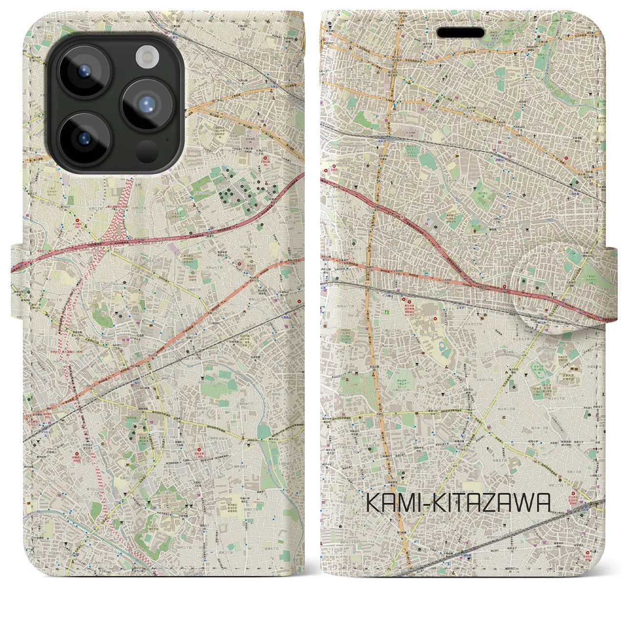 【上北沢】地図柄iPhoneケース（手帳両面タイプ・ナチュラル）iPhone 15 Pro Max 用