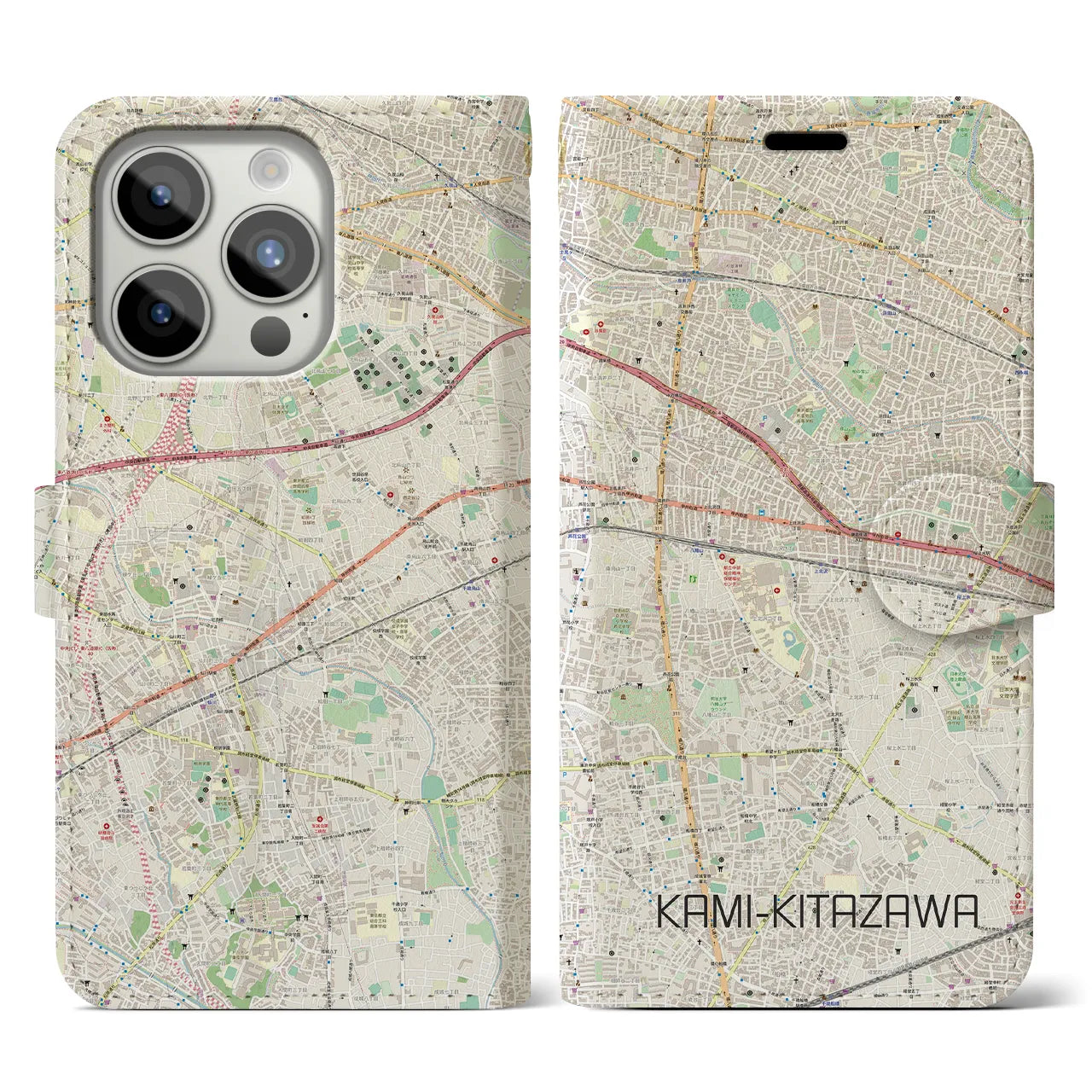 【上北沢】地図柄iPhoneケース（手帳両面タイプ・ナチュラル）iPhone 15 Pro 用