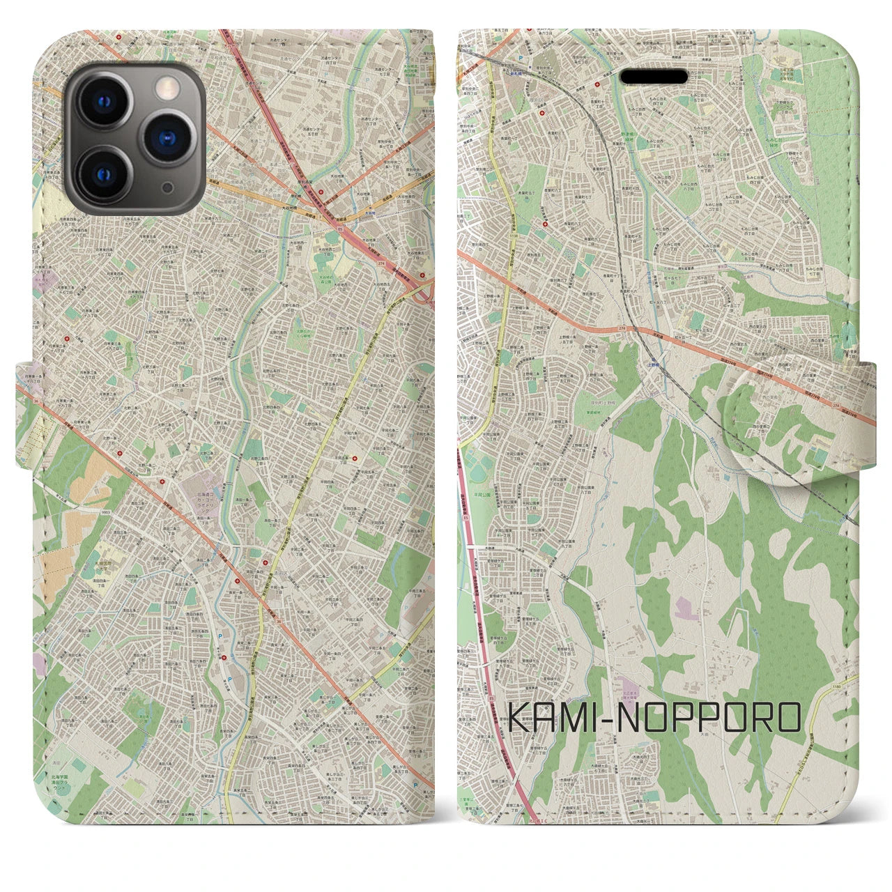 【上野幌】地図柄iPhoneケース（手帳両面タイプ・ナチュラル）iPhone 11 Pro Max 用