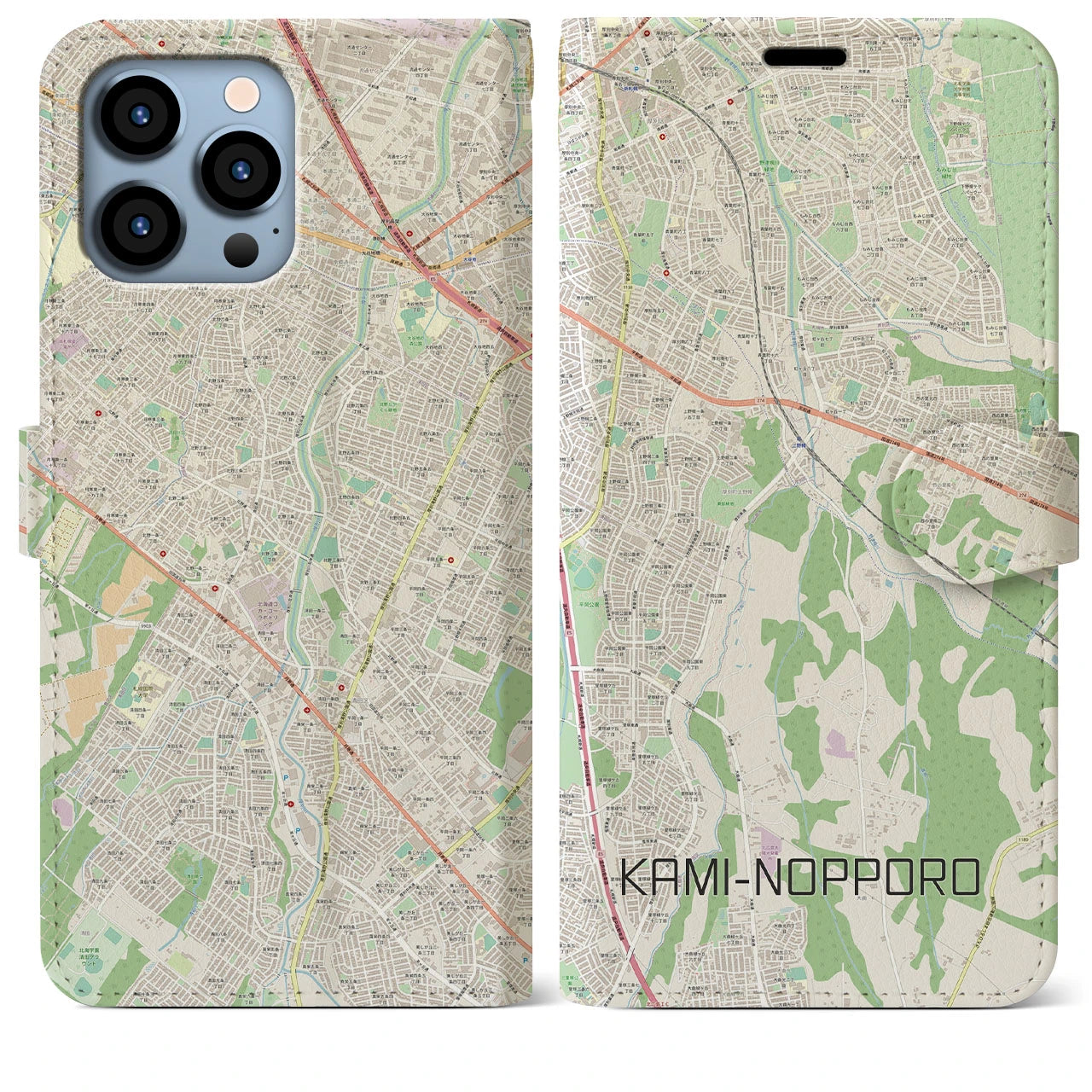 【上野幌】地図柄iPhoneケース（手帳両面タイプ・ナチュラル）iPhone 13 Pro Max 用