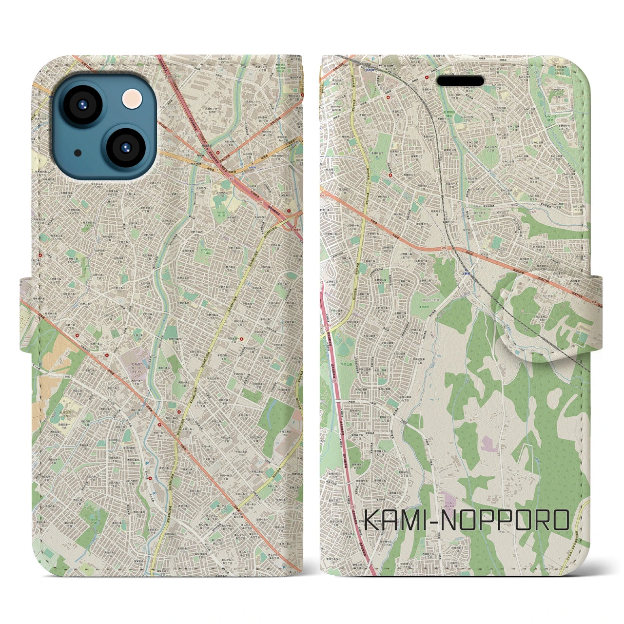 【上野幌】地図柄iPhoneケース（手帳両面タイプ・ナチュラル）iPhone 13 用