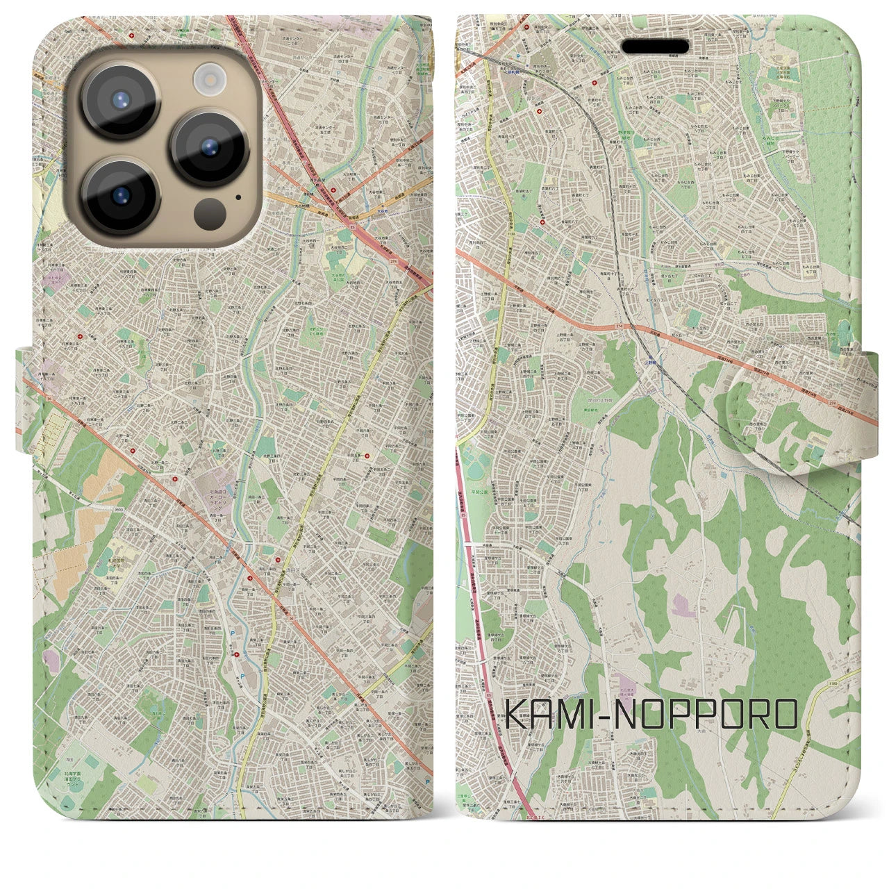 【上野幌】地図柄iPhoneケース（手帳両面タイプ・ナチュラル）iPhone 14 Pro Max 用