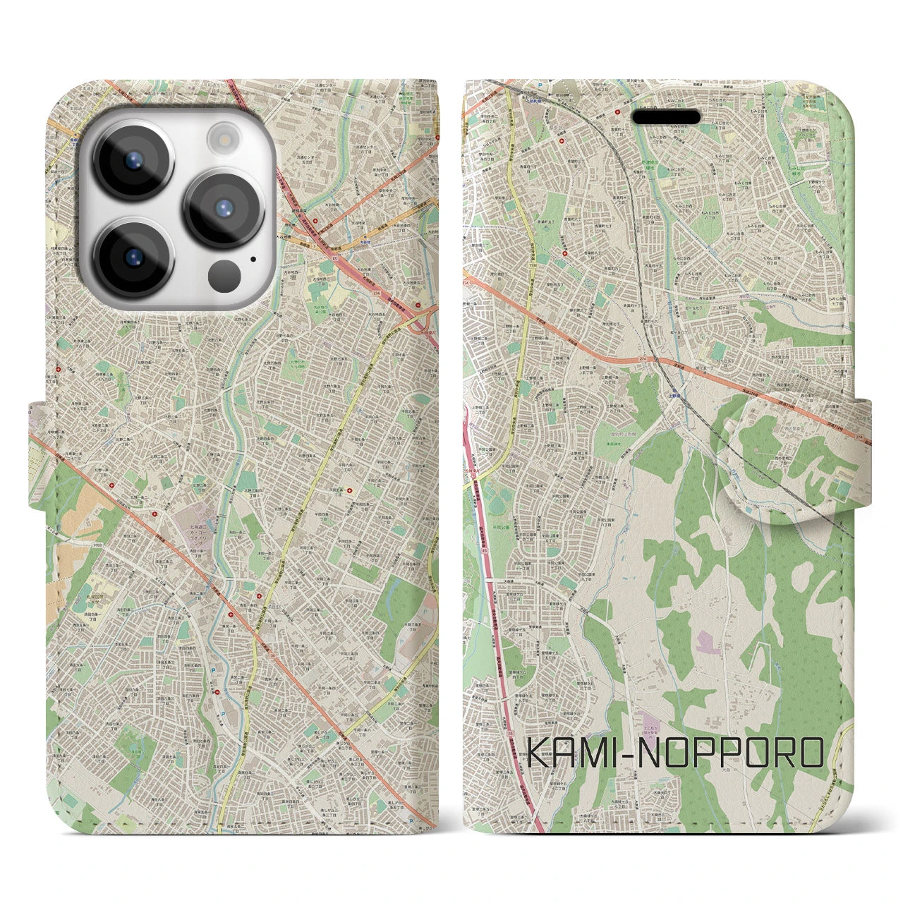 【上野幌】地図柄iPhoneケース（手帳両面タイプ・ナチュラル）iPhone 14 Pro 用