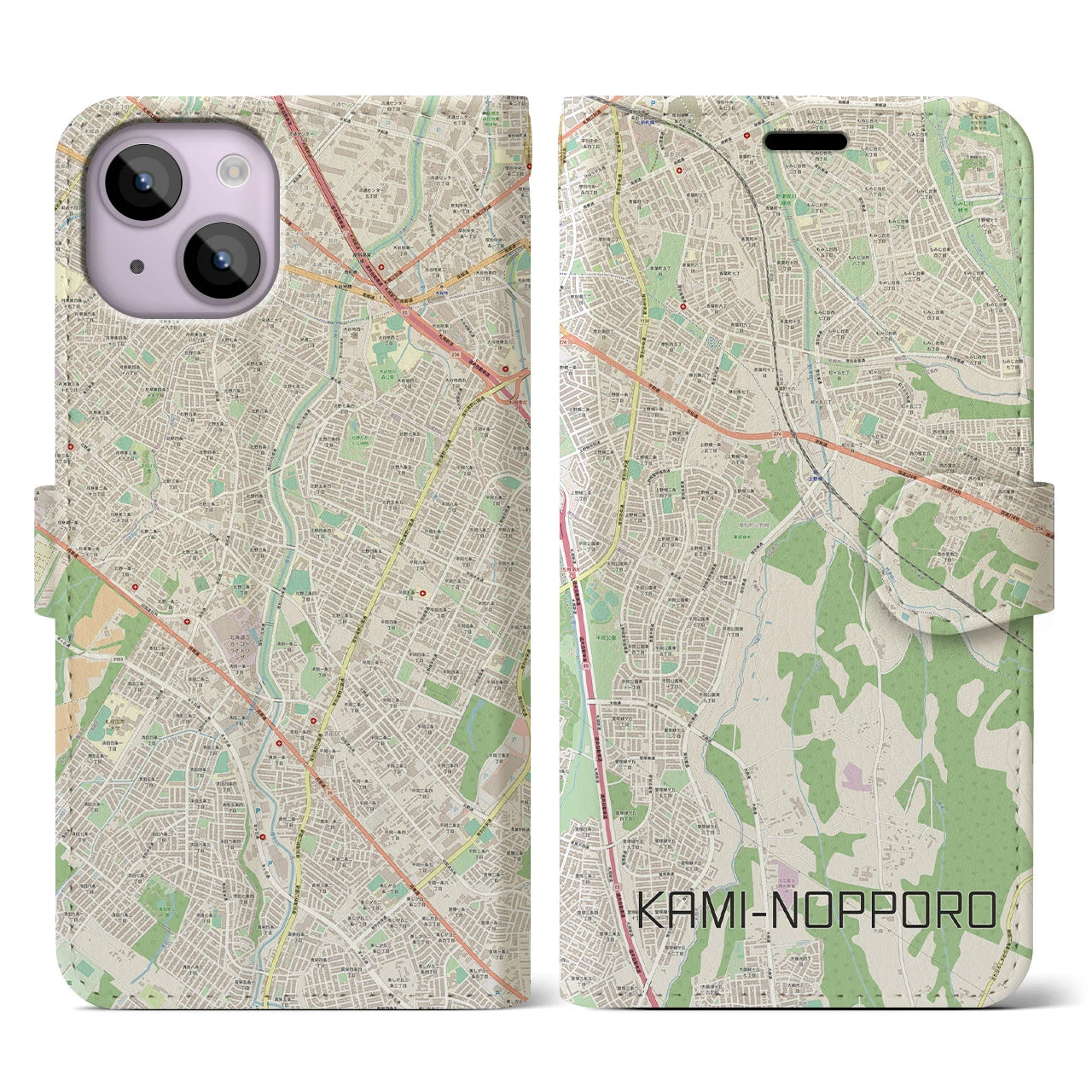 【上野幌】地図柄iPhoneケース（手帳両面タイプ・ナチュラル）iPhone 14 用