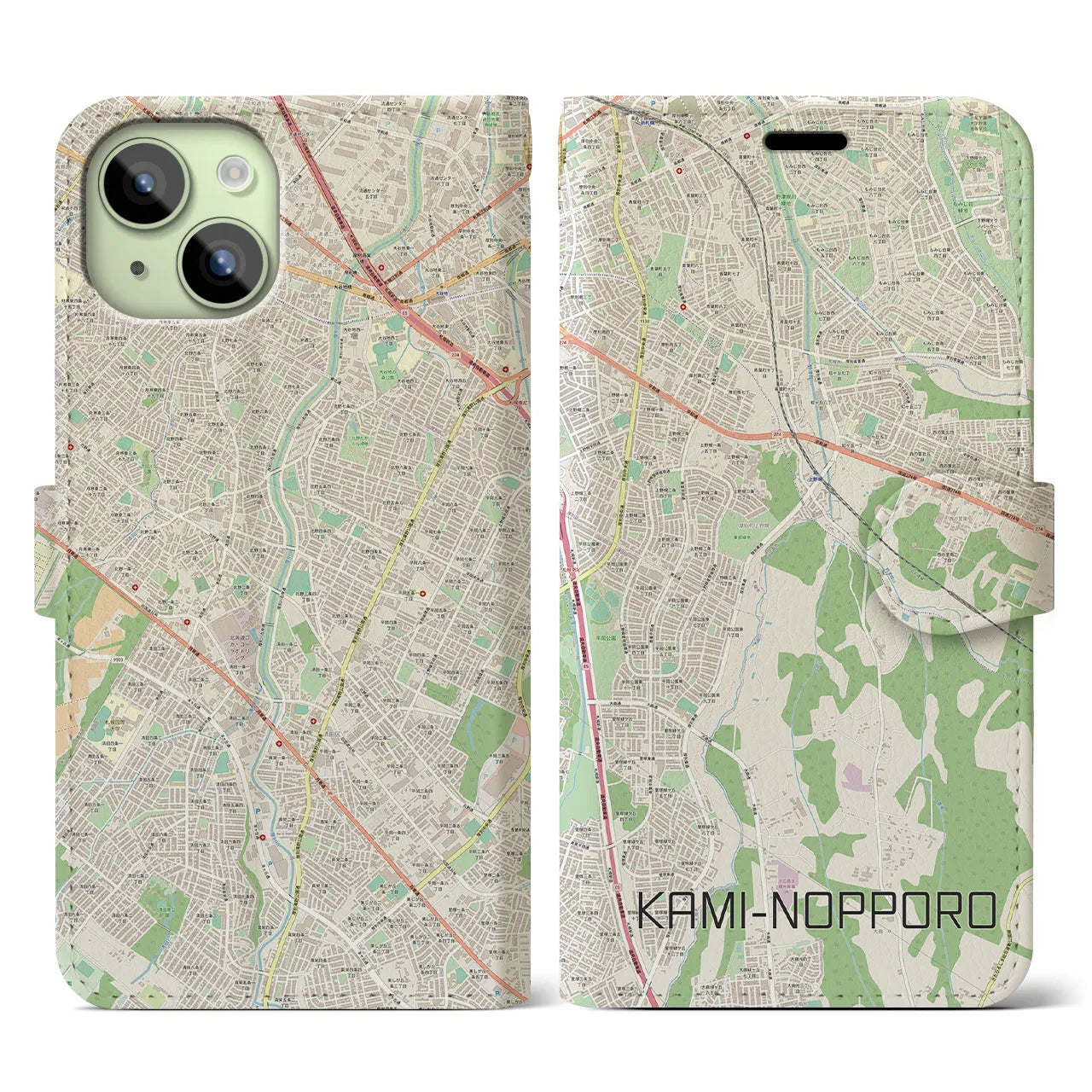 【上野幌】地図柄iPhoneケース（手帳両面タイプ・ナチュラル）iPhone 15 用