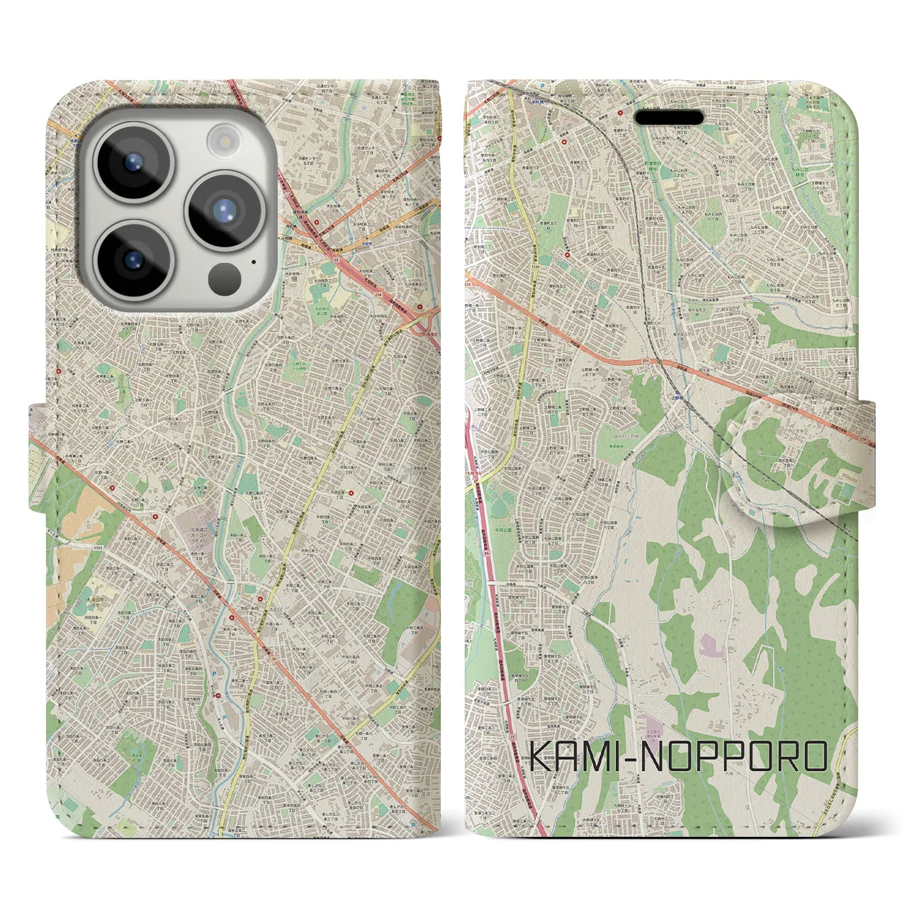 【上野幌】地図柄iPhoneケース（手帳両面タイプ・ナチュラル）iPhone 15 Pro 用