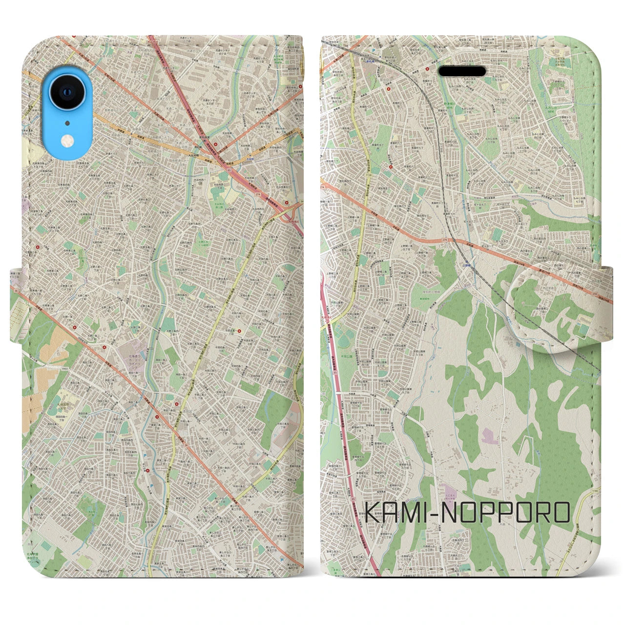 【上野幌】地図柄iPhoneケース（手帳両面タイプ・ナチュラル）iPhone XR 用