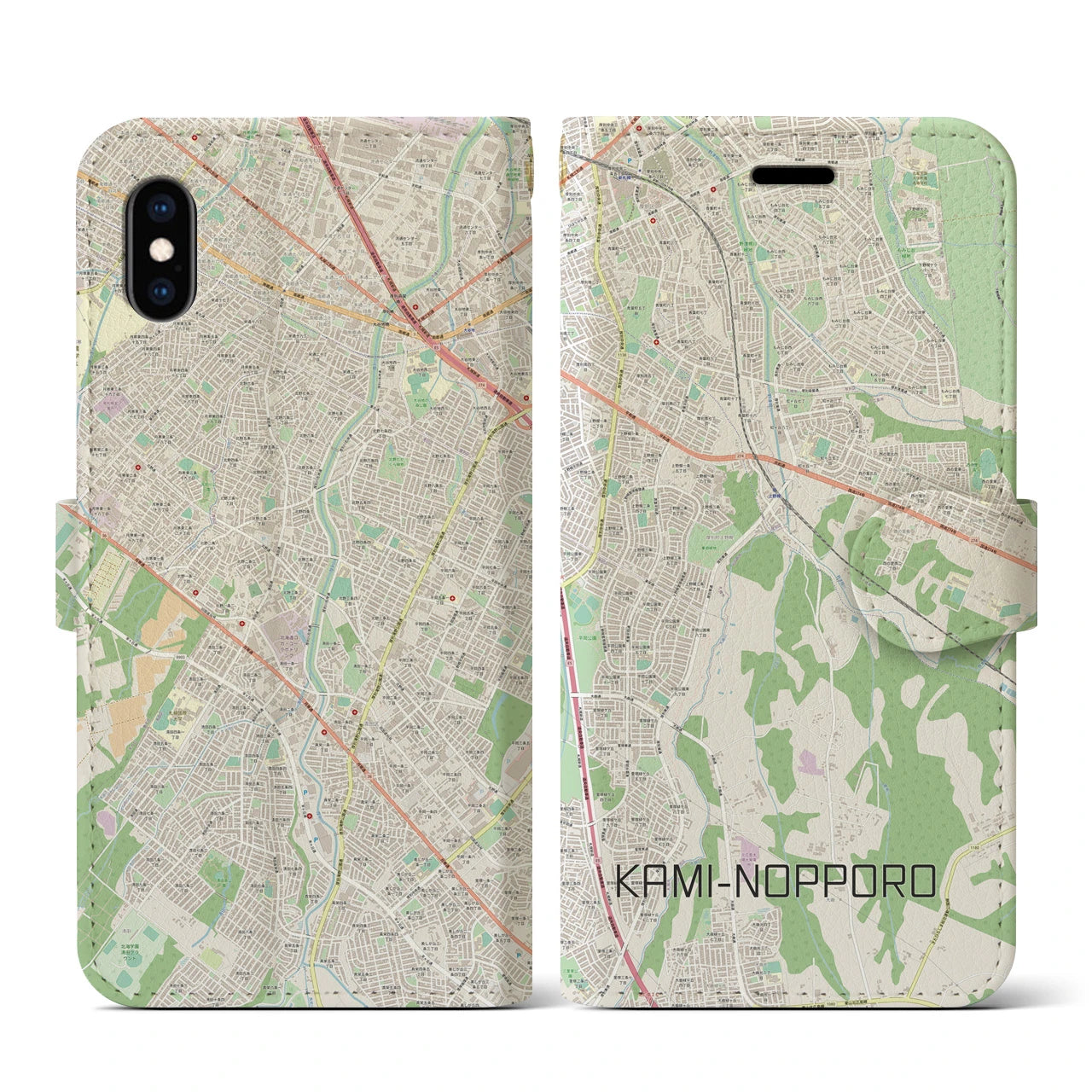 【上野幌】地図柄iPhoneケース（手帳両面タイプ・ナチュラル）iPhone XS / X 用