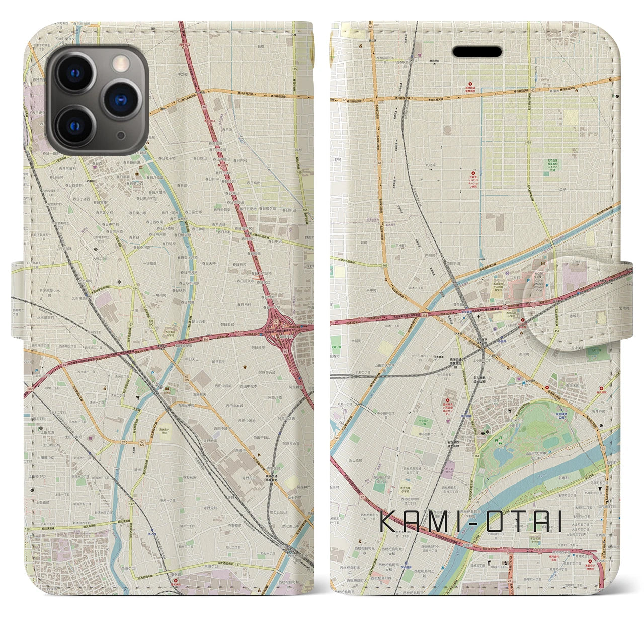 【上小田井】地図柄iPhoneケース（手帳両面タイプ・ナチュラル）iPhone 11 Pro Max 用