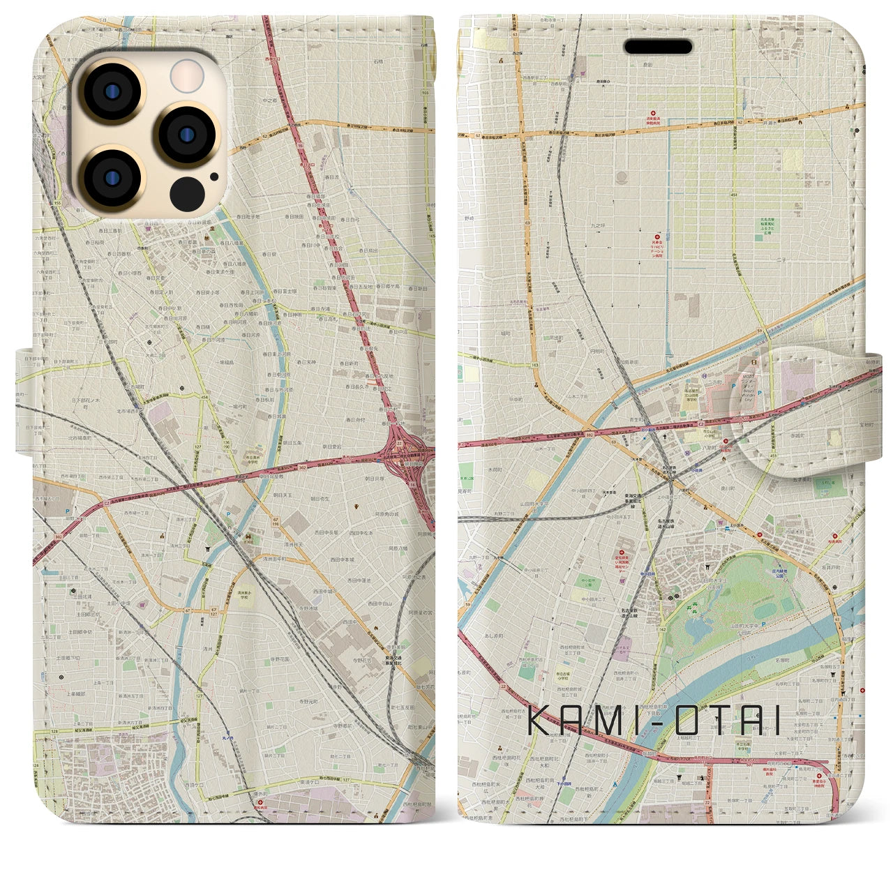 【上小田井】地図柄iPhoneケース（手帳両面タイプ・ナチュラル）iPhone 12 Pro Max 用