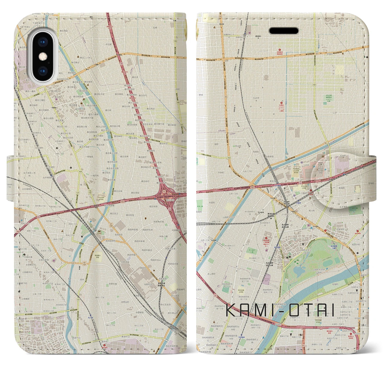 【上小田井】地図柄iPhoneケース（手帳両面タイプ・ナチュラル）iPhone XS Max 用