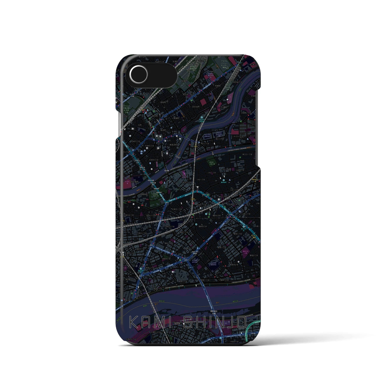 【上新庄】地図柄iPhoneケース（バックカバータイプ・ブラック）iPhone SE（第3 / 第2世代） / 8 / 7 / 6s / 6 用