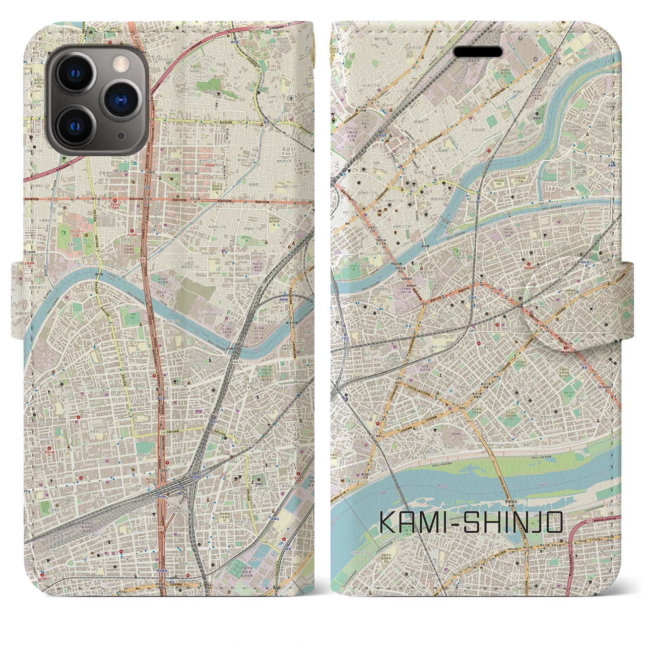 【上新庄】地図柄iPhoneケース（手帳両面タイプ・ナチュラル）iPhone 11 Pro Max 用