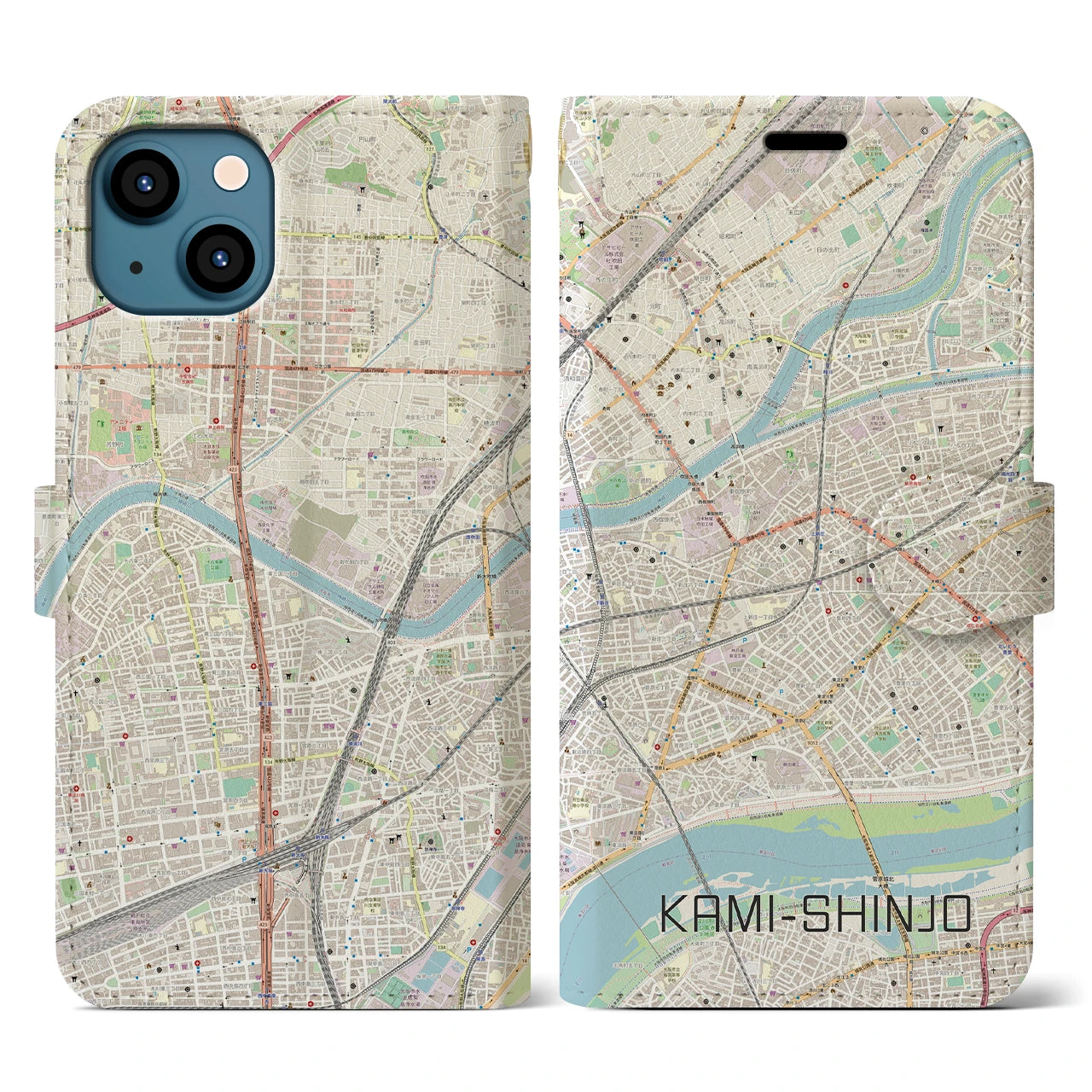 【上新庄】地図柄iPhoneケース（手帳両面タイプ・ナチュラル）iPhone 13 用
