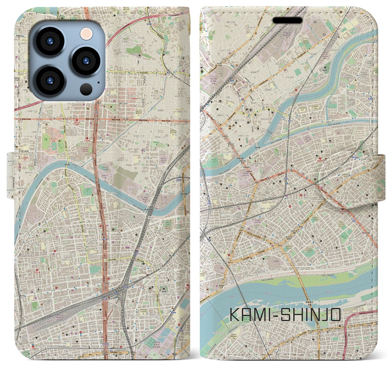 【上新庄】地図柄iPhoneケース（手帳両面タイプ・ナチュラル）iPhone 13 Pro Max 用
