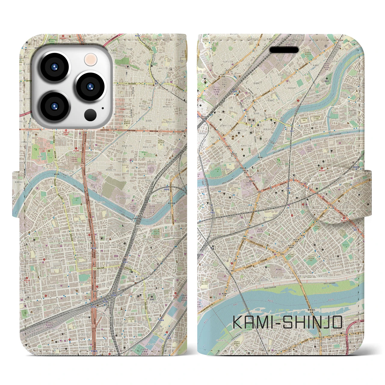 【上新庄】地図柄iPhoneケース（手帳両面タイプ・ナチュラル）iPhone 13 Pro 用