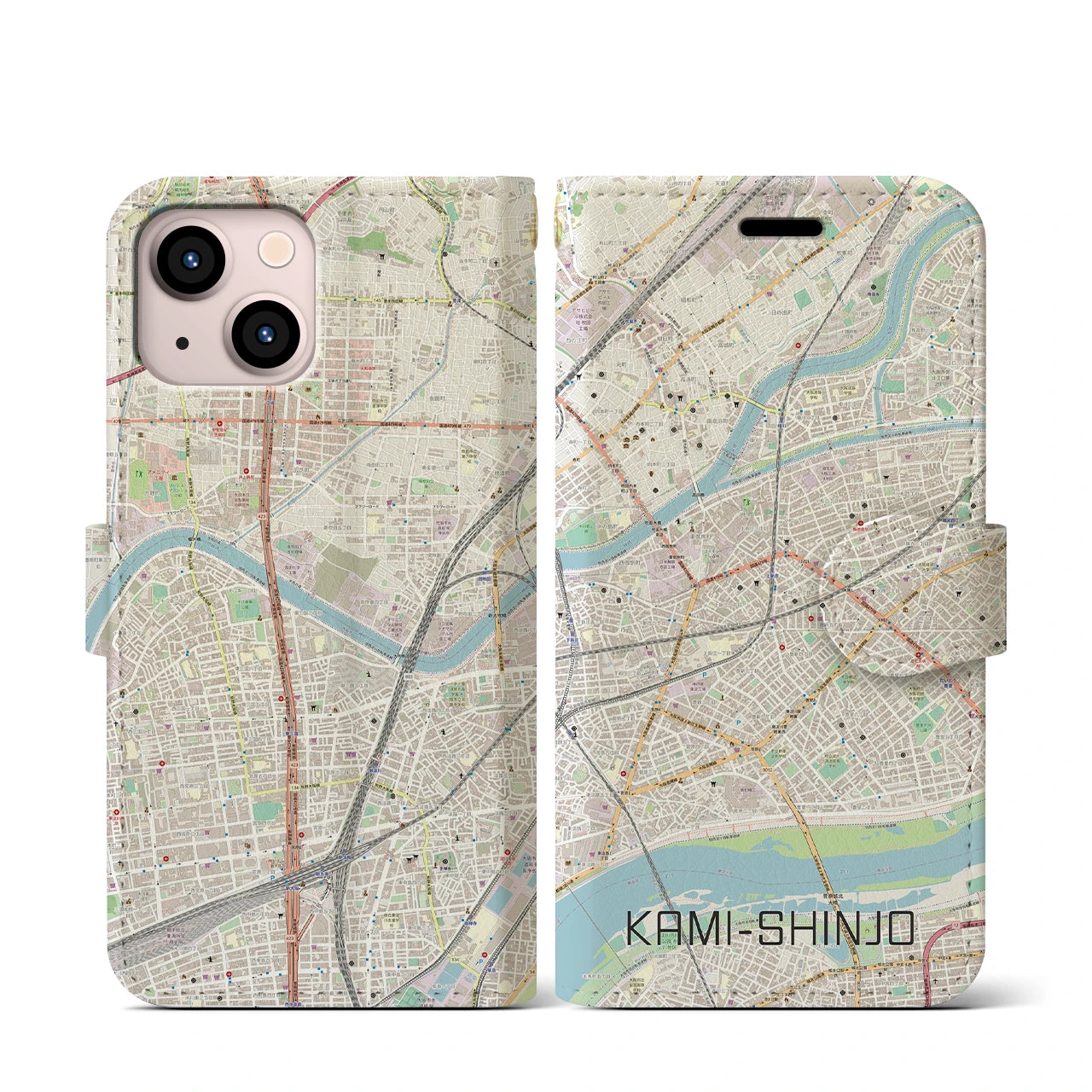 【上新庄】地図柄iPhoneケース（手帳両面タイプ・ナチュラル）iPhone 13 mini 用