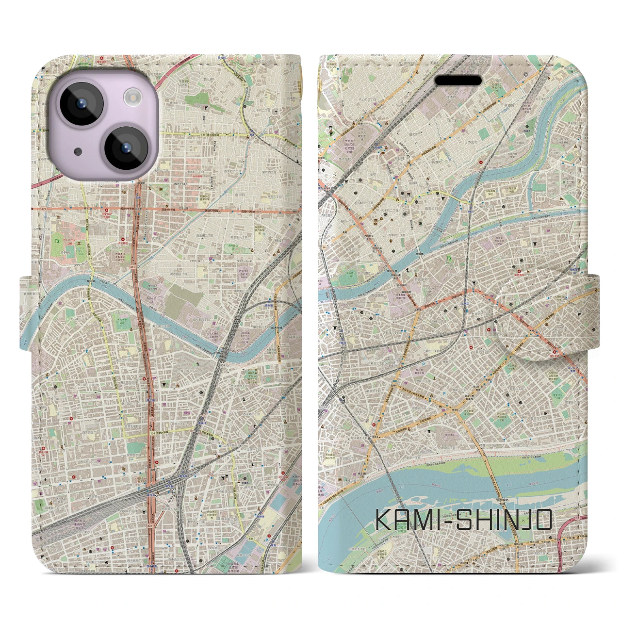 【上新庄】地図柄iPhoneケース（手帳両面タイプ・ナチュラル）iPhone 14 用