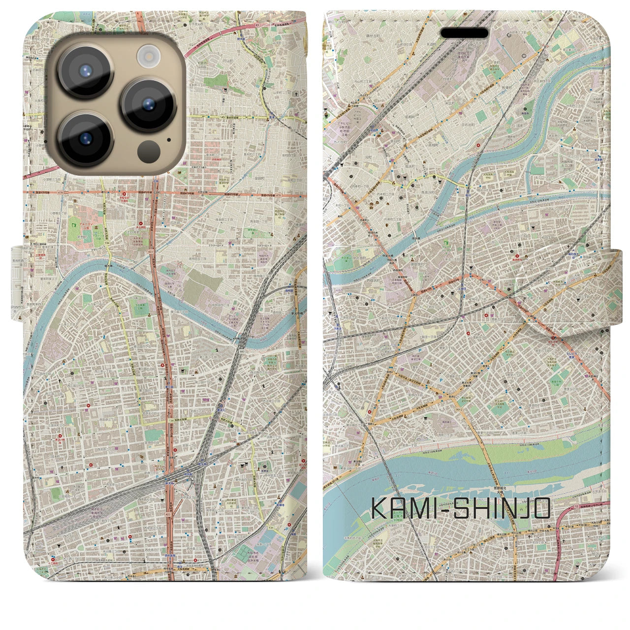 【上新庄】地図柄iPhoneケース（手帳両面タイプ・ナチュラル）iPhone 14 Pro Max 用