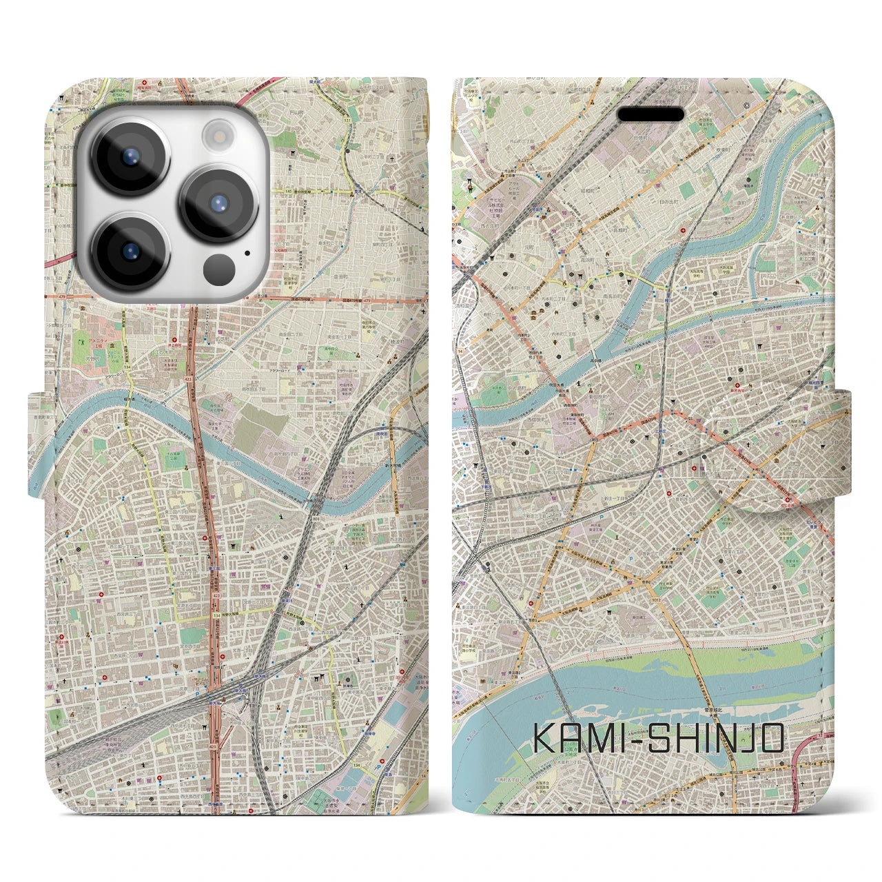 【上新庄】地図柄iPhoneケース（手帳両面タイプ・ナチュラル）iPhone 14 Pro 用