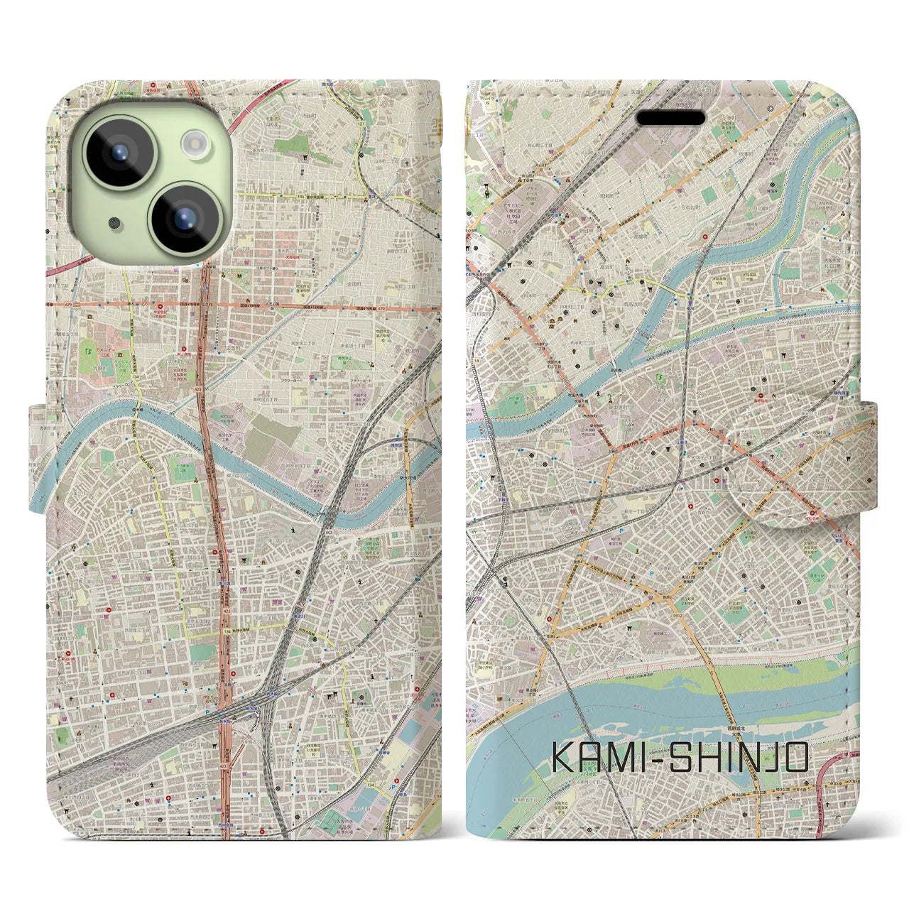 【上新庄】地図柄iPhoneケース（手帳両面タイプ・ナチュラル）iPhone 15 用
