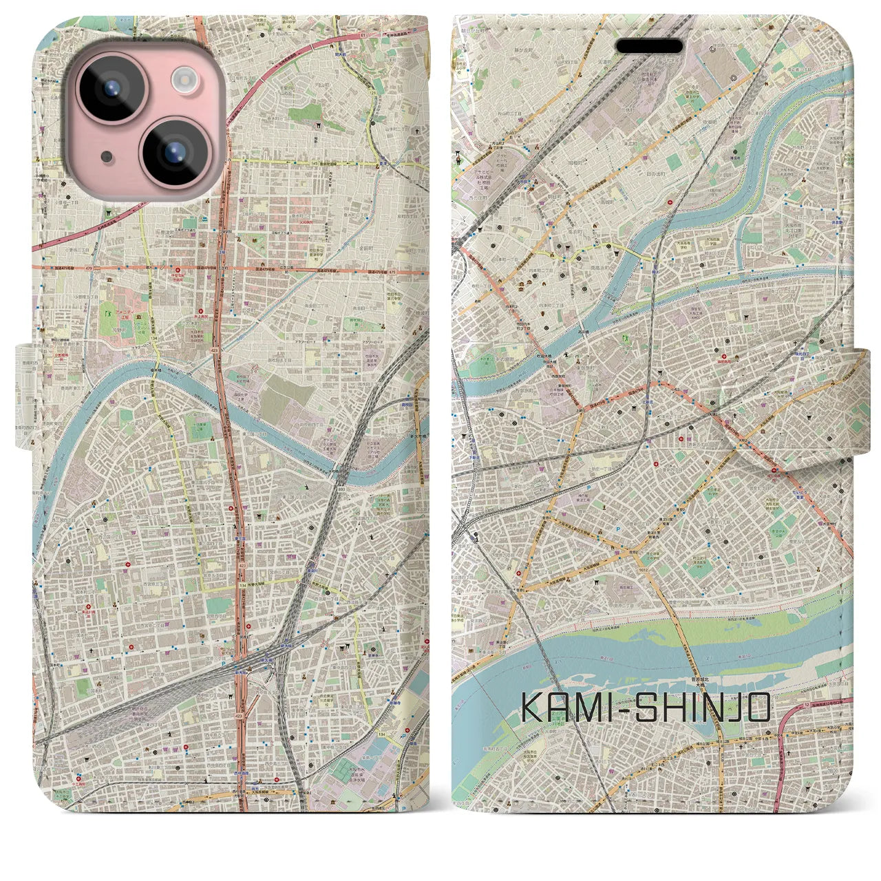 【上新庄】地図柄iPhoneケース（手帳両面タイプ・ナチュラル）iPhone 15 Plus 用