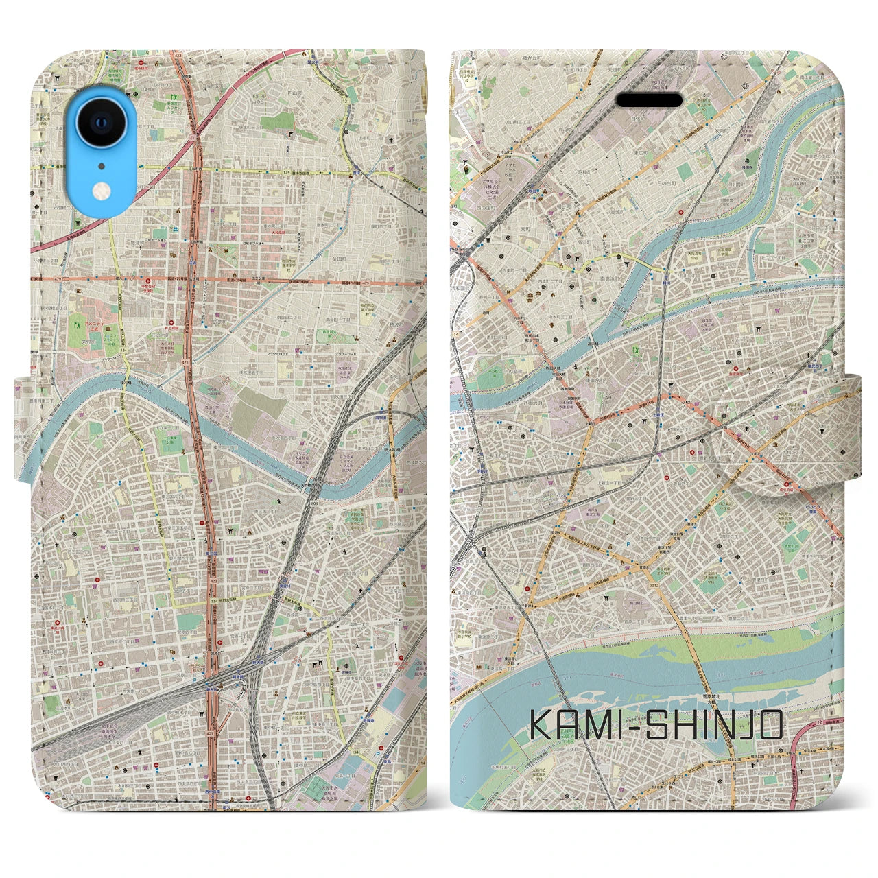 【上新庄】地図柄iPhoneケース（手帳両面タイプ・ナチュラル）iPhone XR 用