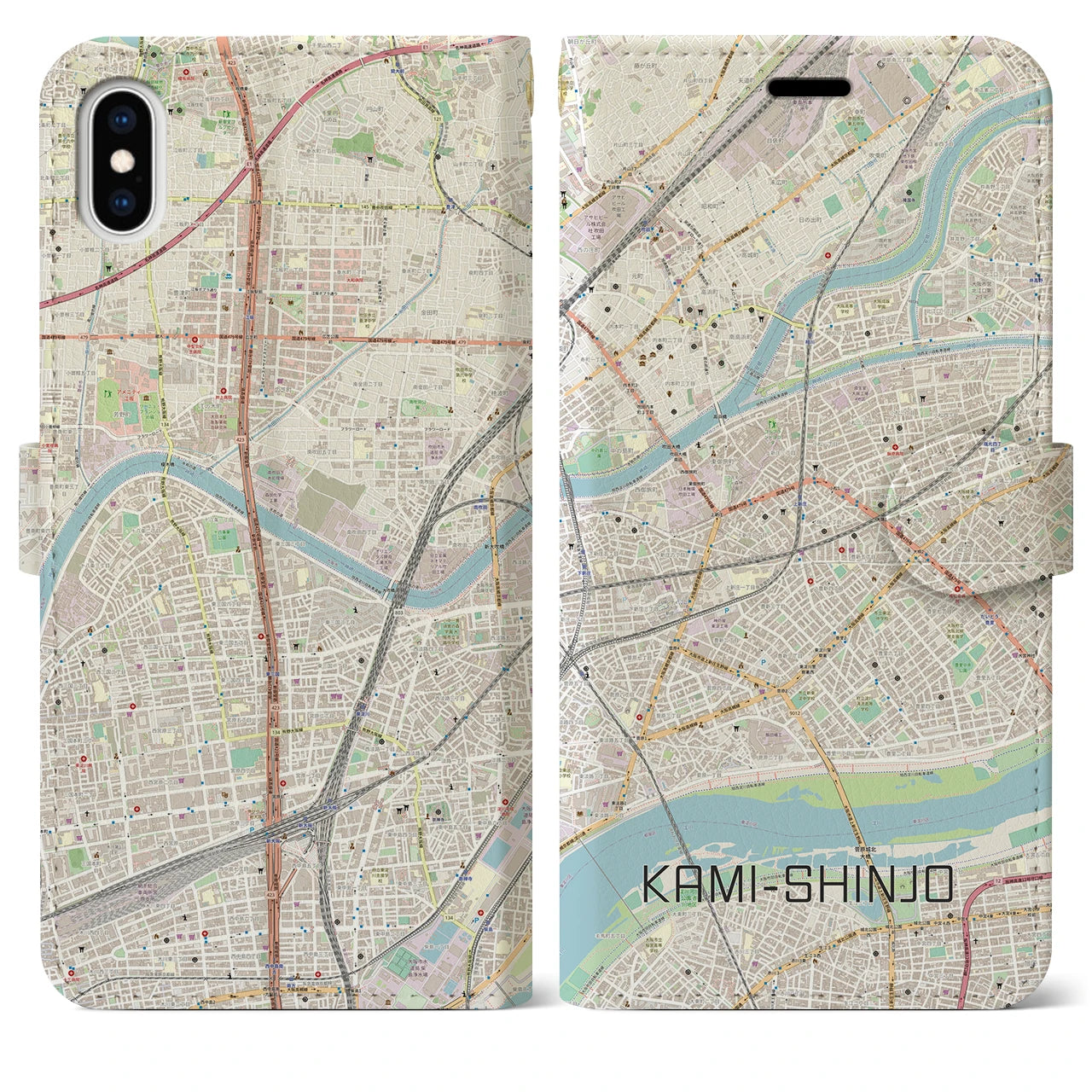 【上新庄】地図柄iPhoneケース（手帳両面タイプ・ナチュラル）iPhone XS Max 用
