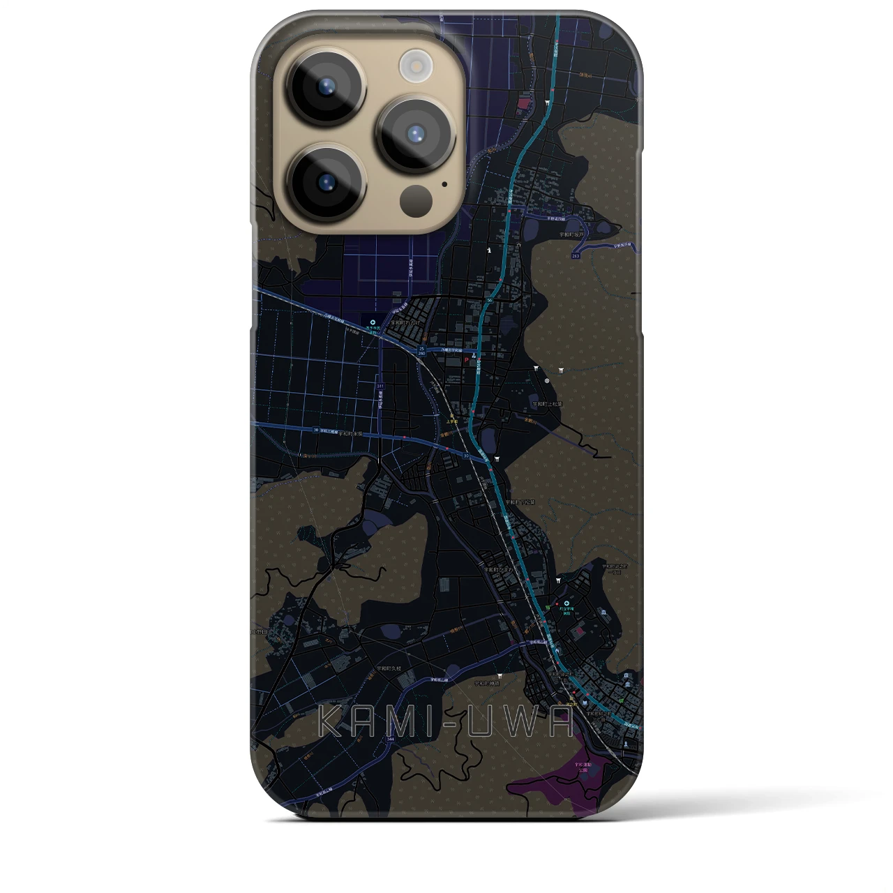 【上宇和】地図柄iPhoneケース（バックカバータイプ・ブラック）iPhone 14 Pro Max 用
