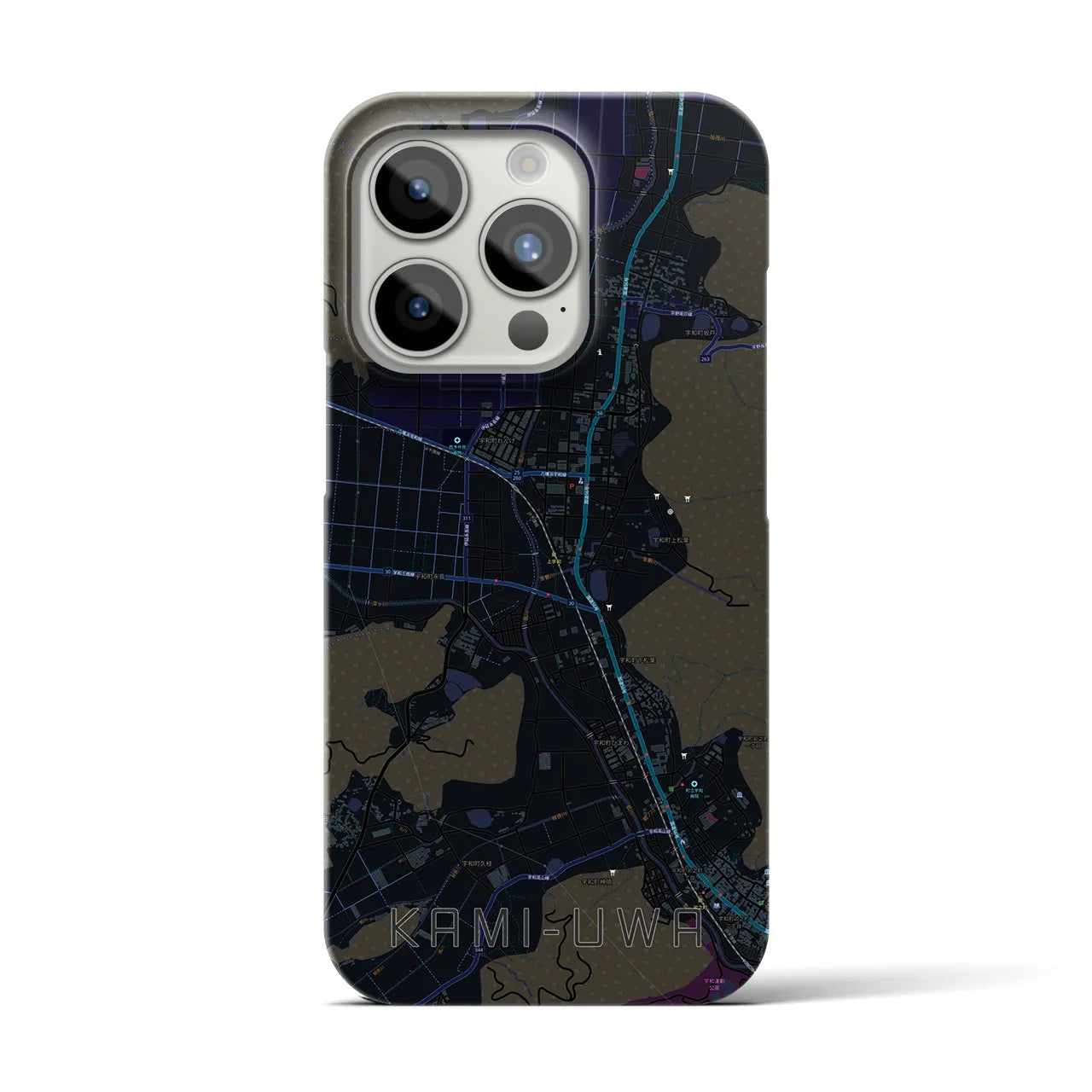 【上宇和】地図柄iPhoneケース（バックカバータイプ・ブラック）iPhone 15 Pro 用