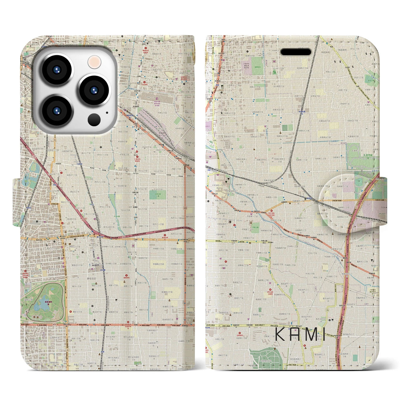 【加美】地図柄iPhoneケース（手帳両面タイプ・ナチュラル）iPhone 13 Pro 用