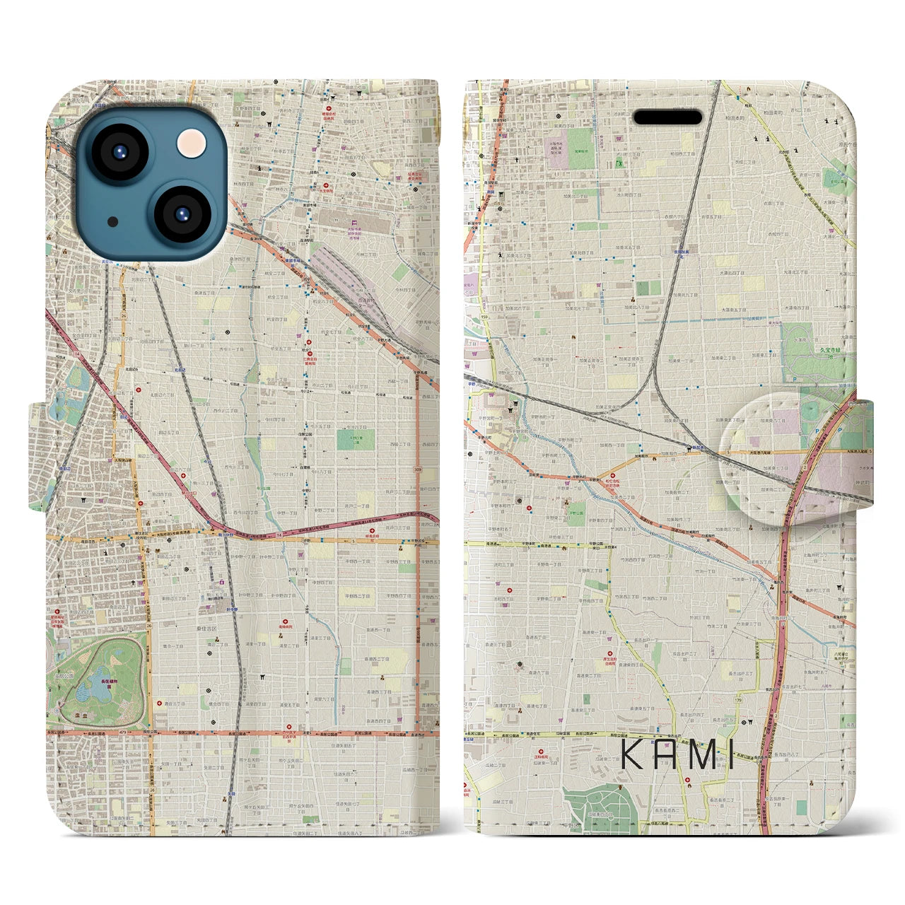 【加美】地図柄iPhoneケース（手帳両面タイプ・ナチュラル）iPhone 13 用